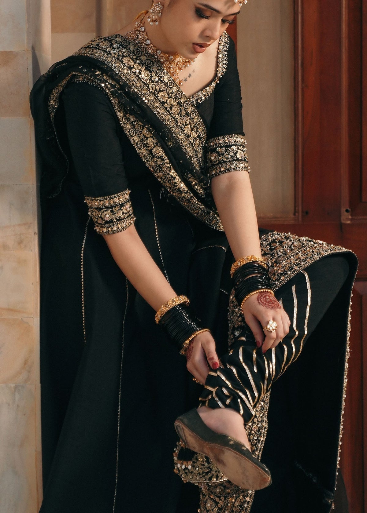 Kajal Style — Mairaz Black Korean Silk Pishwas