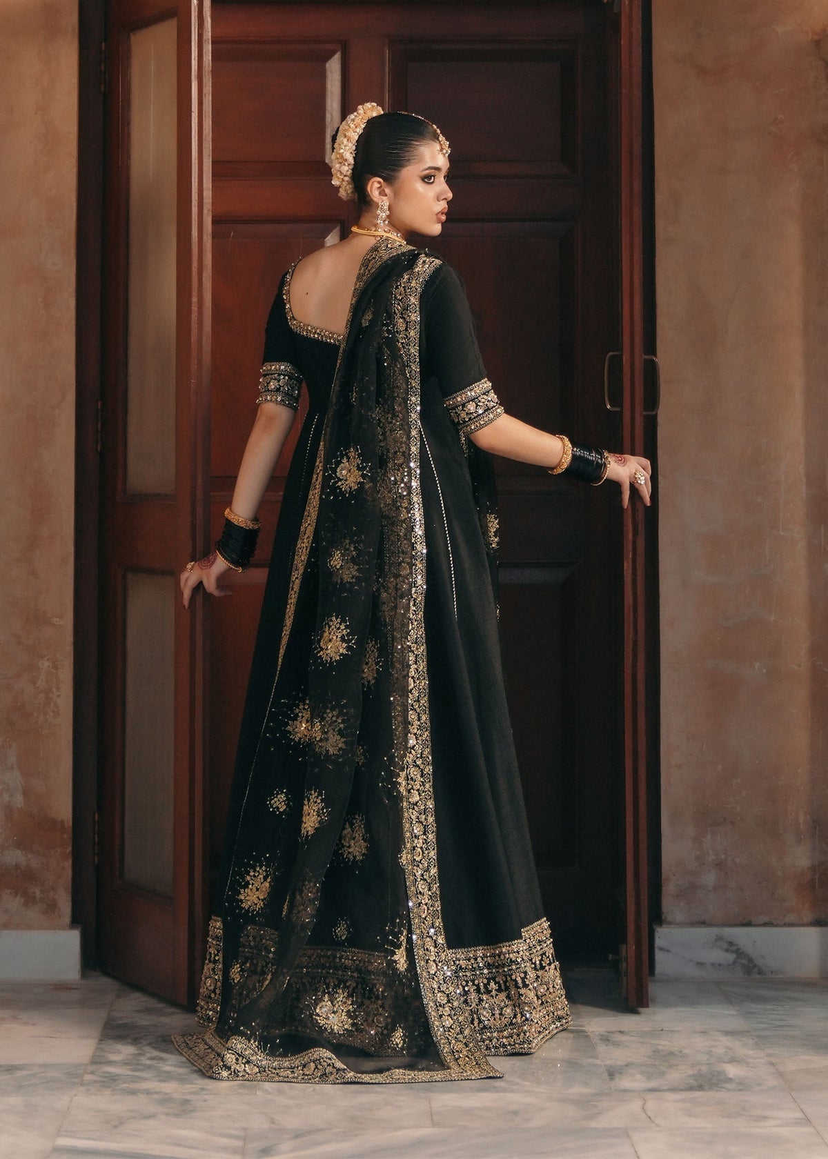 Kajal Style — Mairaz Black Korean Silk Pishwas