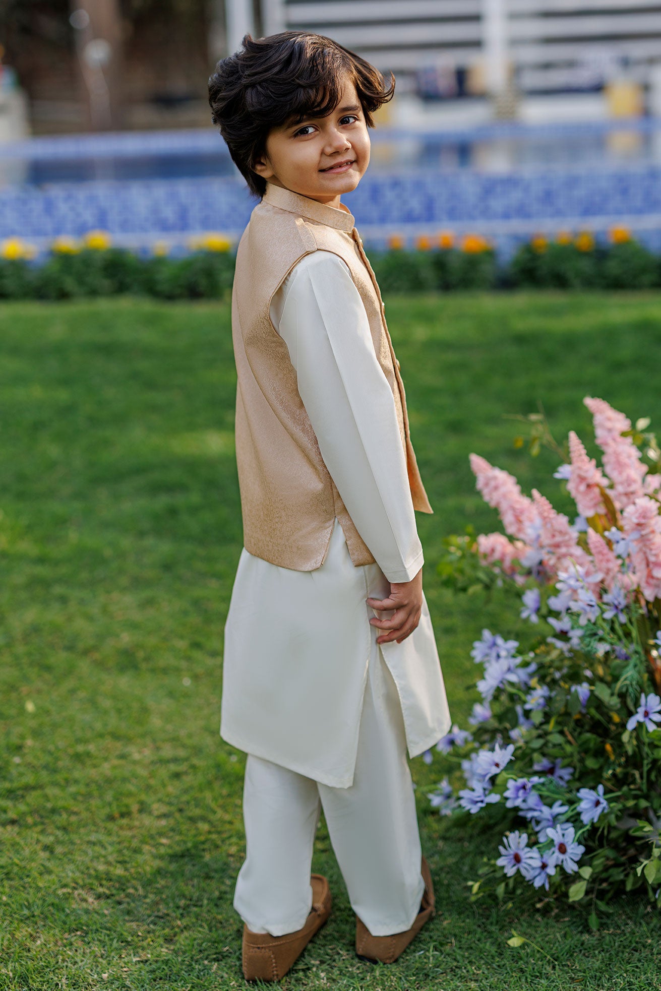 SS26DK-0222 - BEIGE - KURTA ,PAJAMA & WAIST COAT - 3PCS