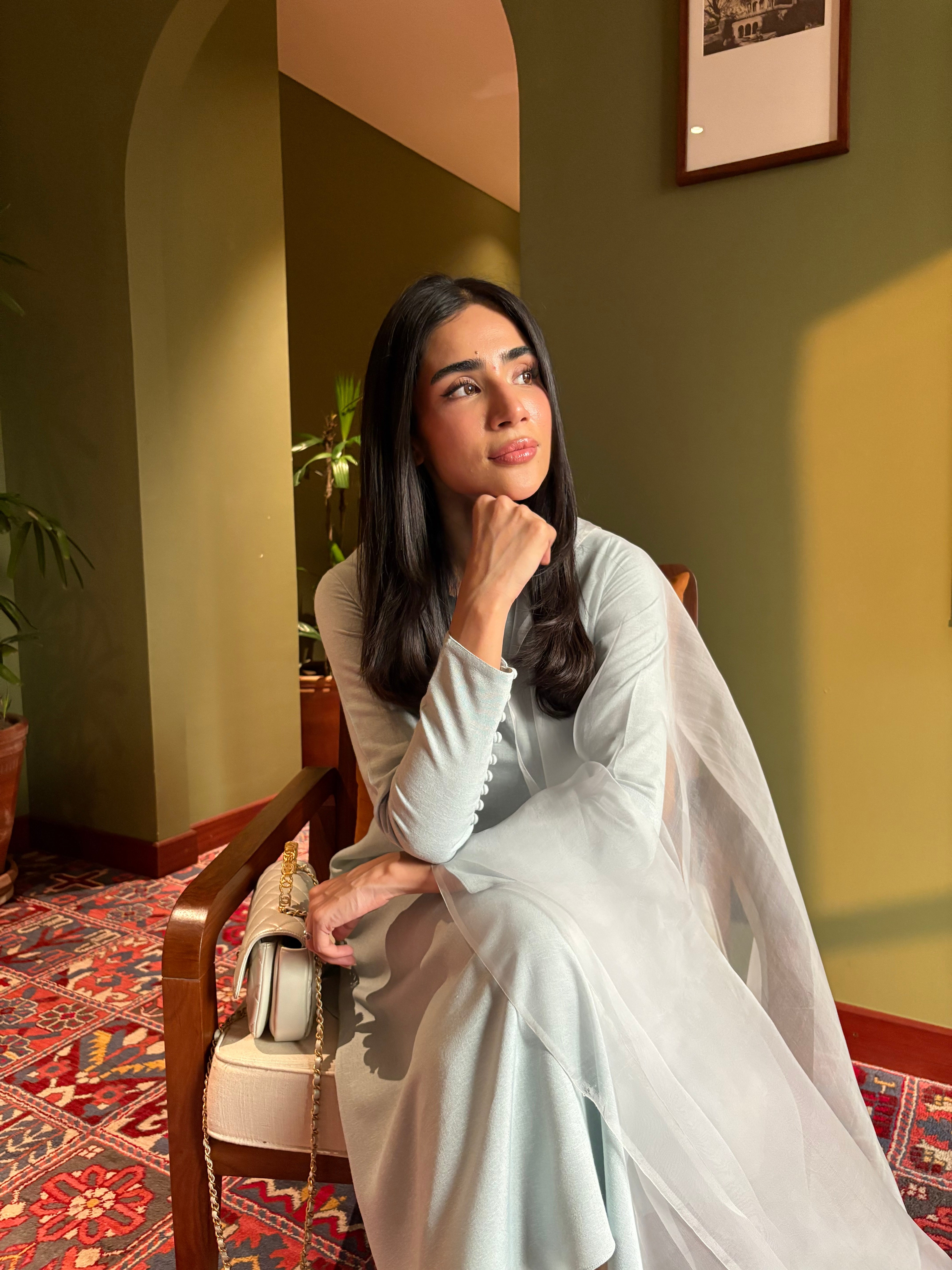 Muted Grey-Blue Buttoned Set