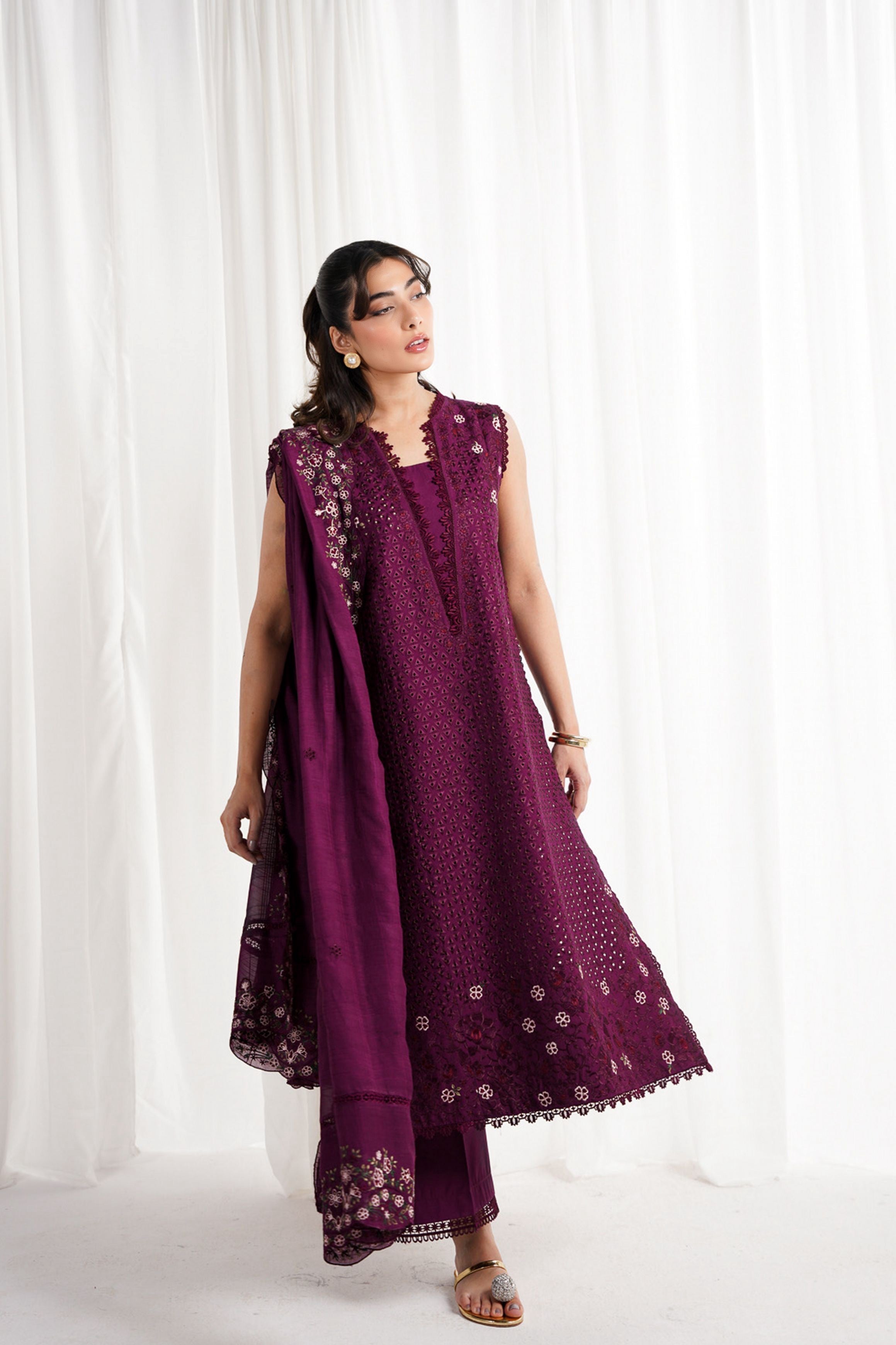 Plum Luxury Embroidered 3Pcs Set Ready To Wear