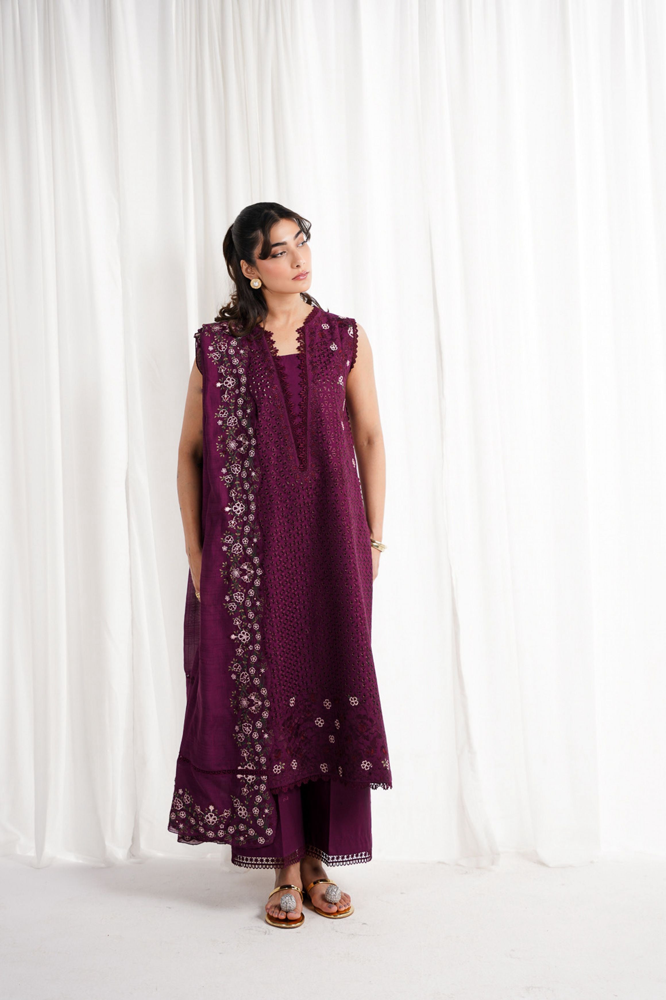 DEEP PLUM LUXURY EMBROIDERED 3PCS SET NPA3-25409 (EID 2025 READY TO WEAR) - EXPRESS SHIPPING