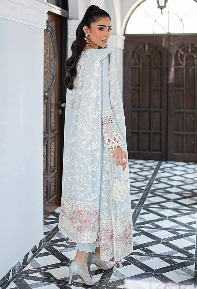 Qalamkar Luxury Lawn ChikenKari Embroidered 3 Pc Unstitched Sky Blue