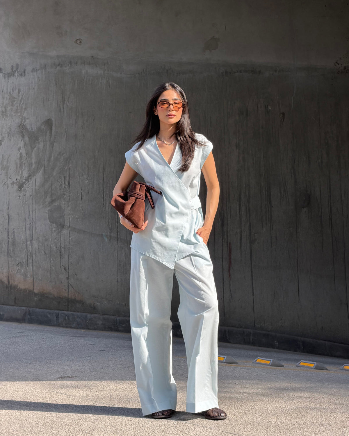 Ice Blue Linen Vest Set