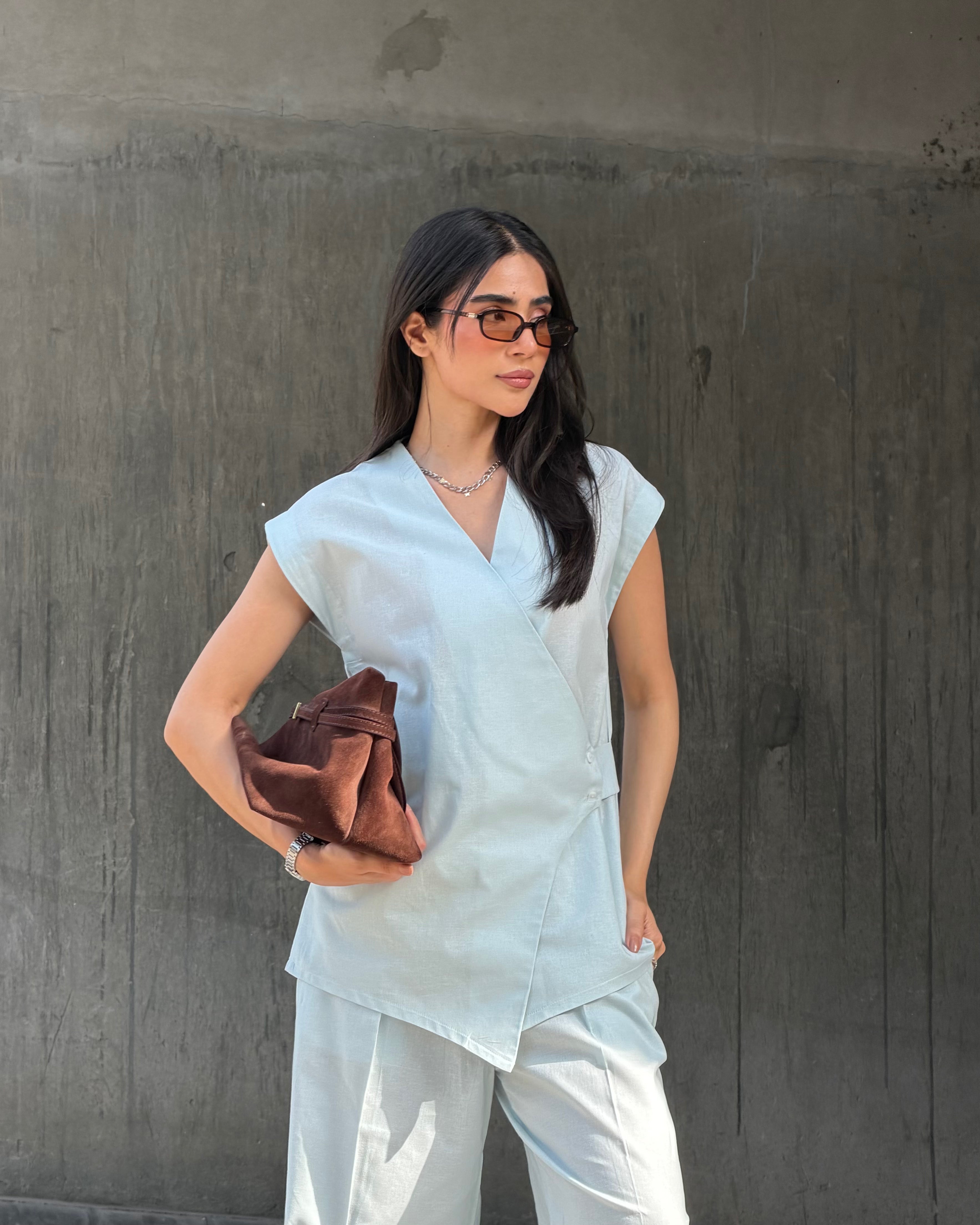 Ice Blue Linen Vest Set