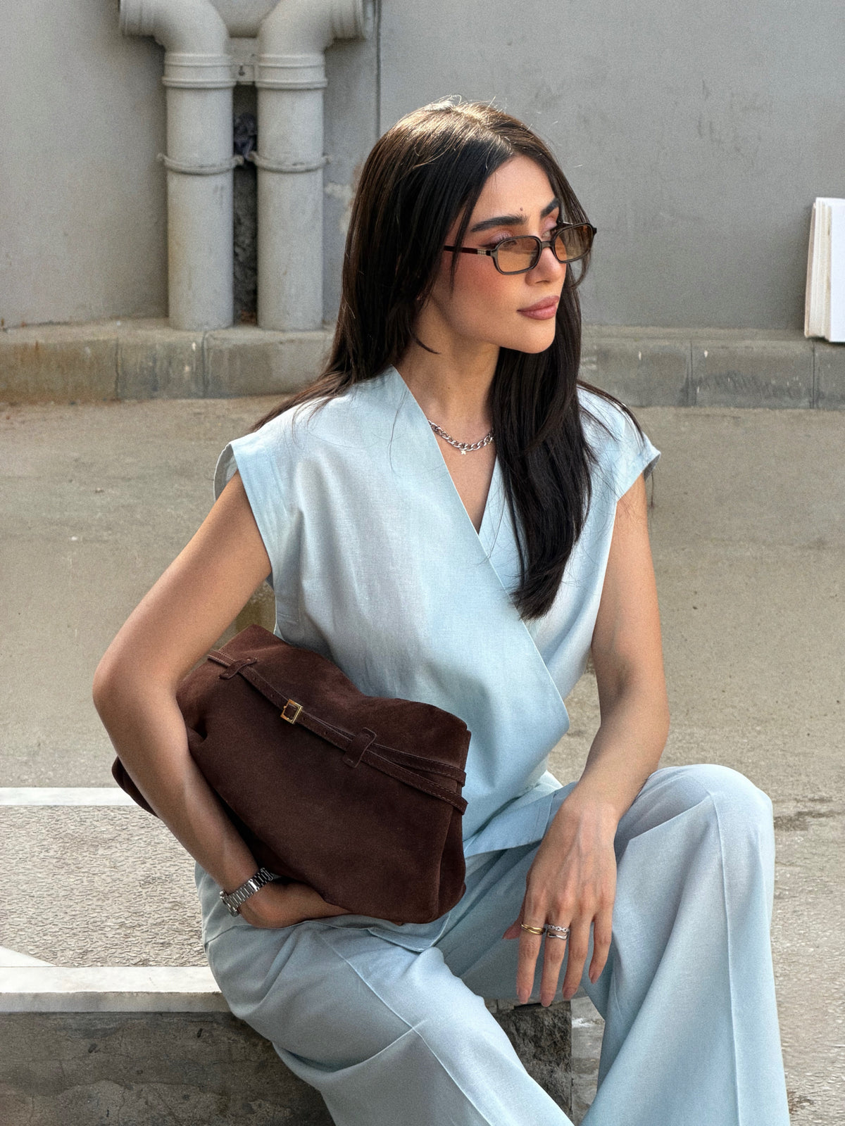 Ice Blue Linen Vest Set