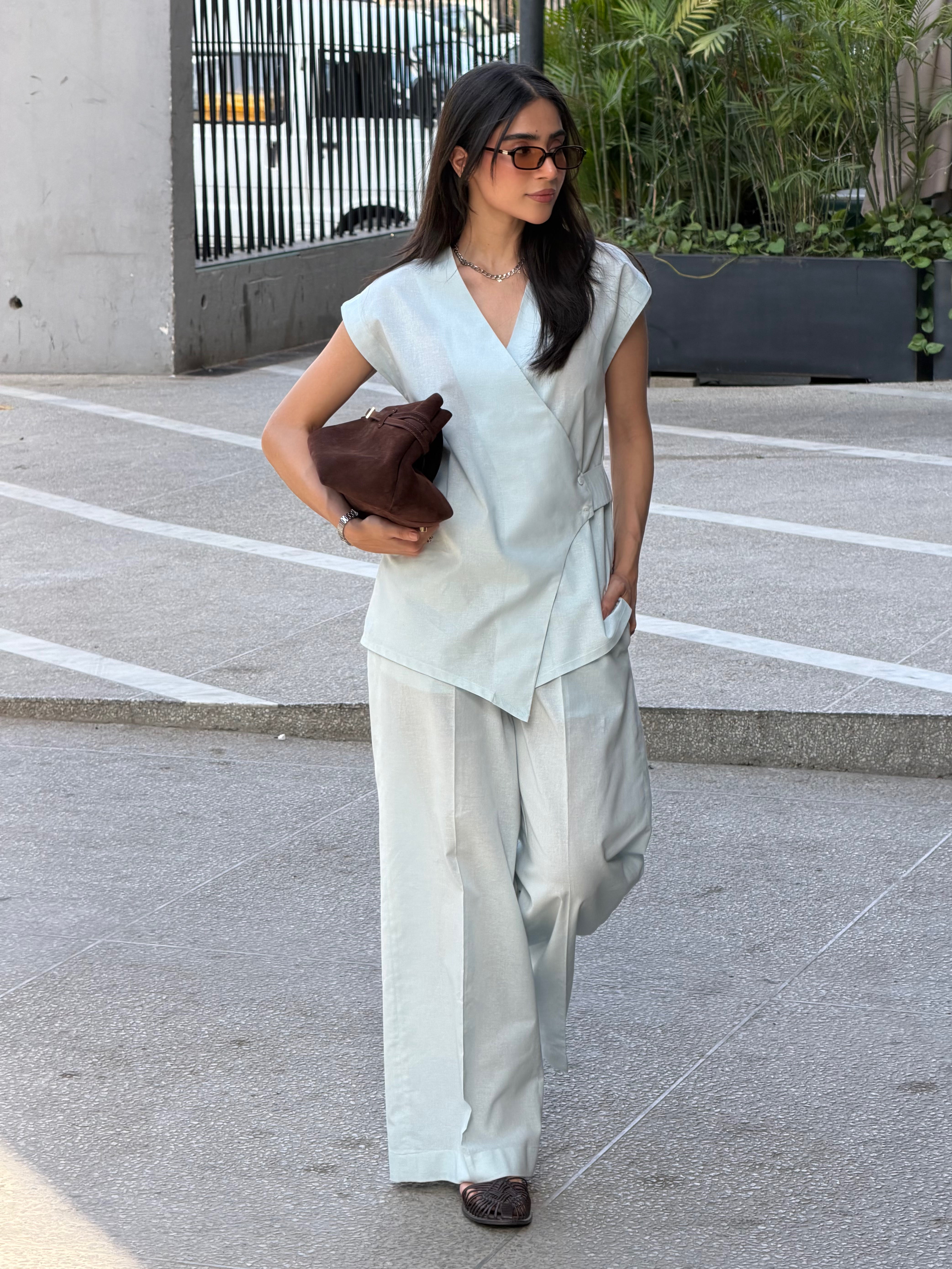 Ice Blue Linen Vest Set