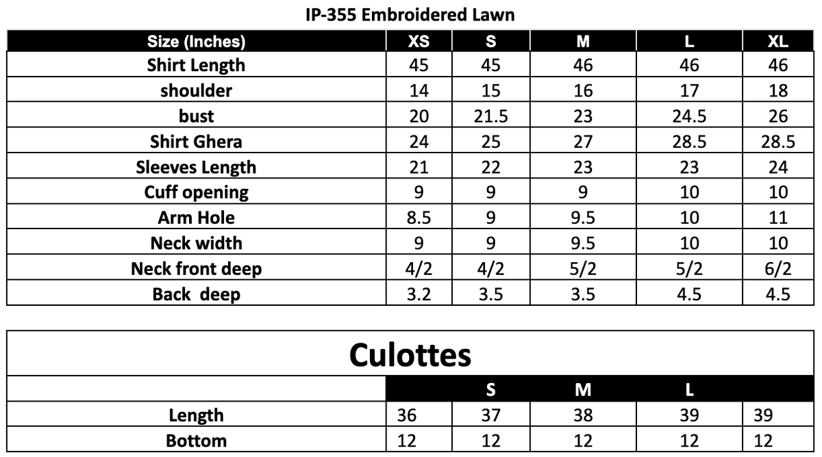 Size Chart (inches)