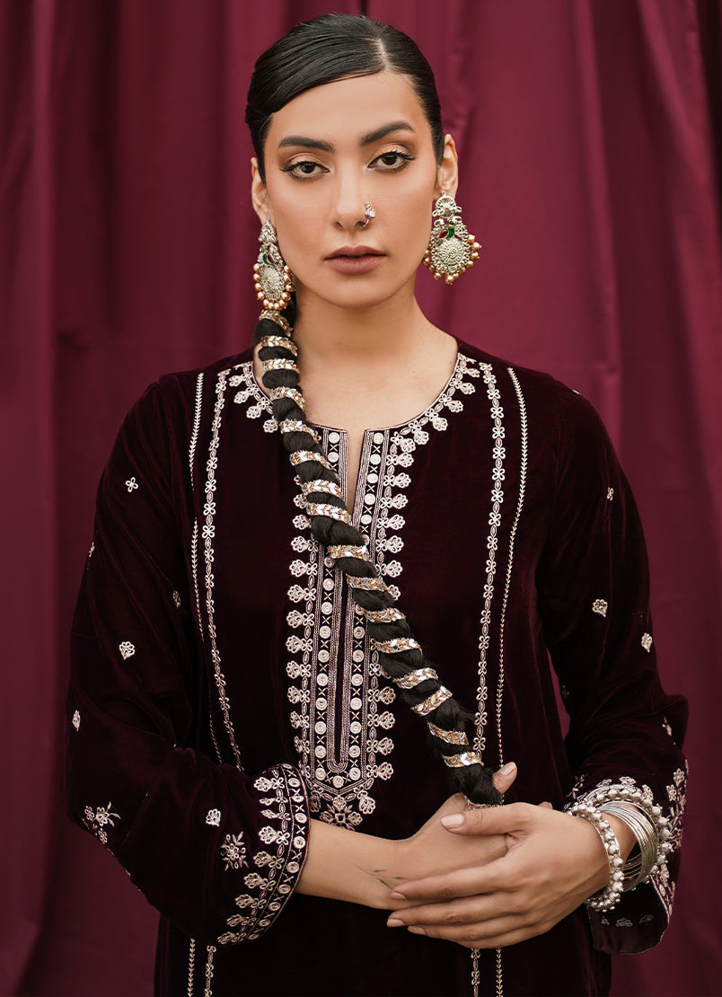 Maroon Velvet Embroidered CO-ORD Set13528