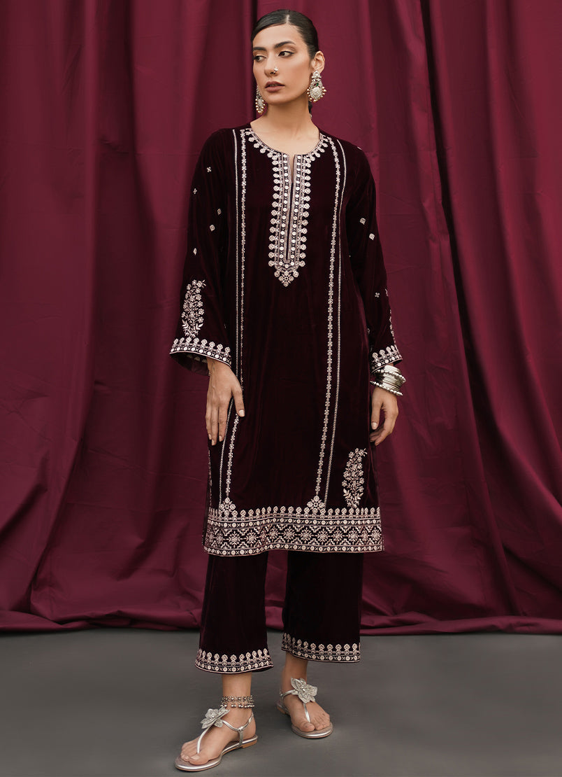 Maroon Velvet Embroidered CO-ORD Set13528