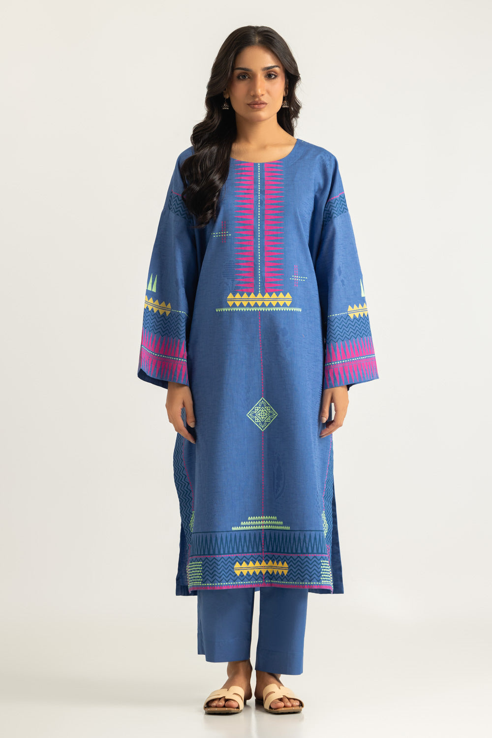 Jacquard Block Printed Shirt And Dyed Trouser