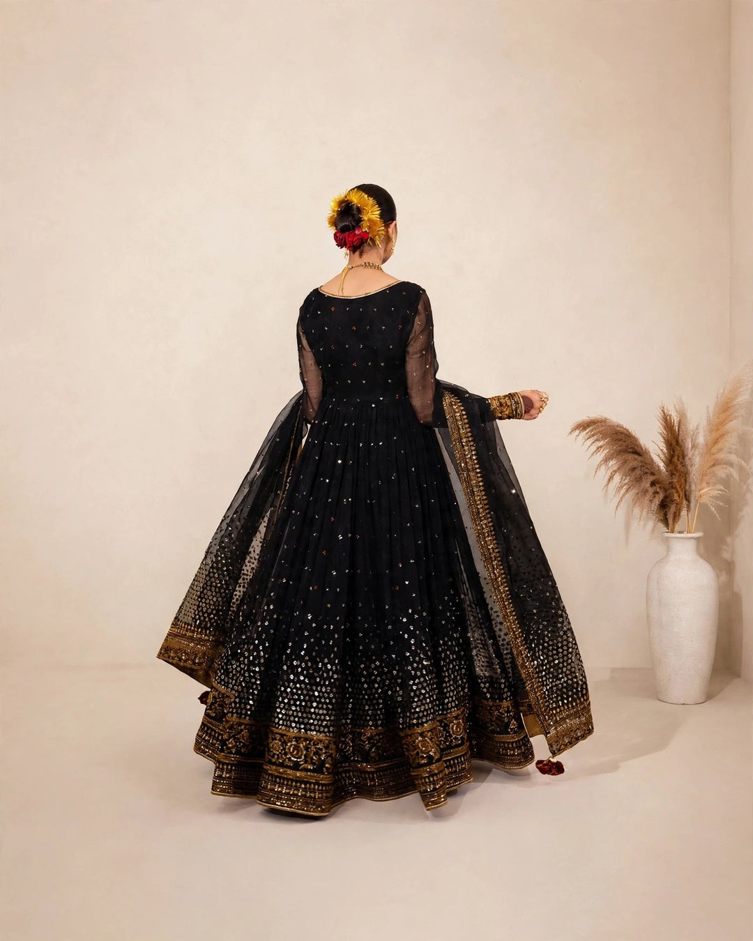 Jahan Ara Black Kalidar Suit | Chiffon Bamber Silk 3 Piece