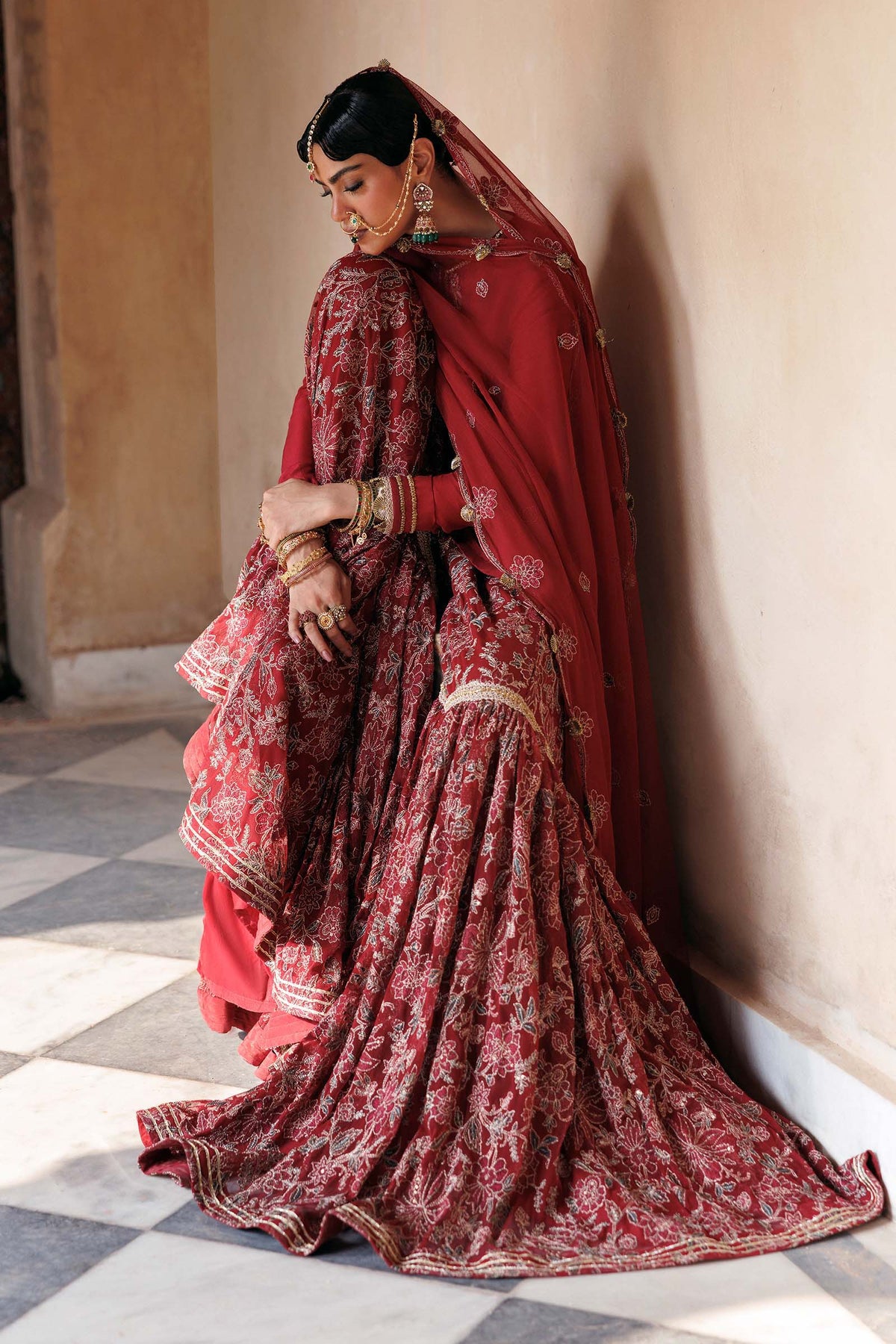 Embroidered Net Fabric (2Pcs) | LF-1117-DEEP-RED
