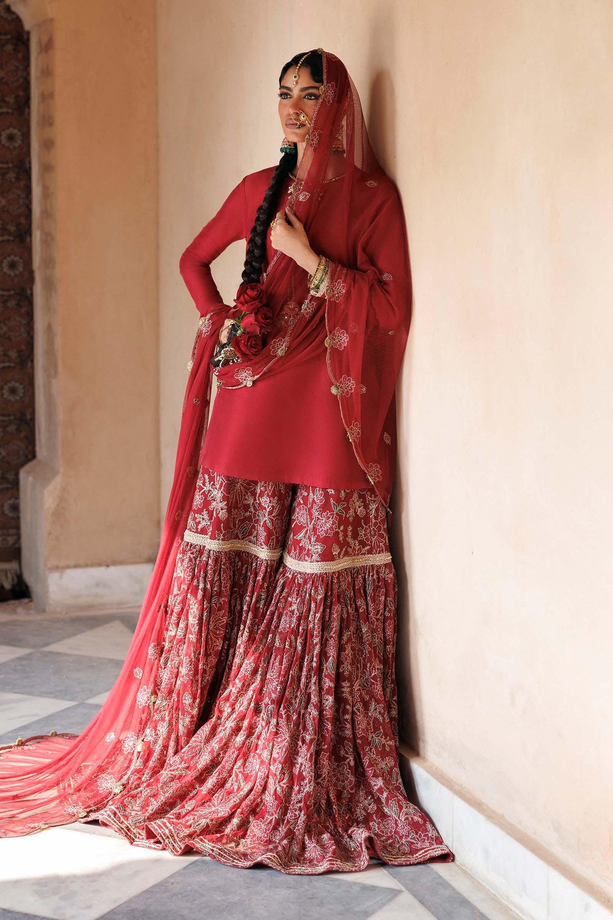 Embroidered Net Fabric (2Pcs) | LF-1117-DEEP-RED