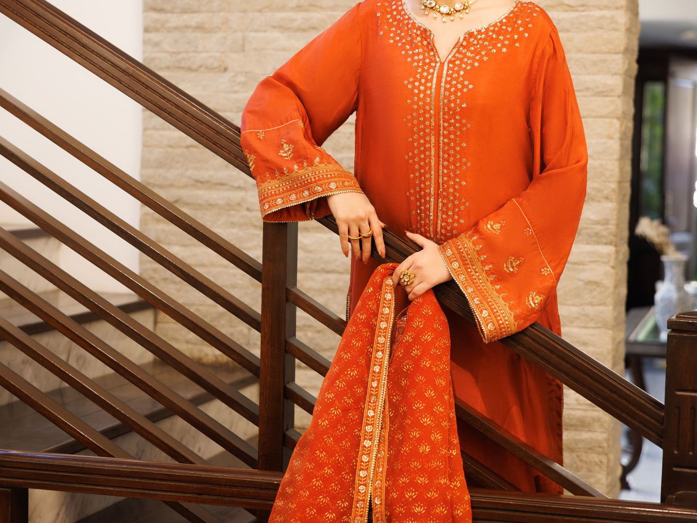 Rust Sheesha Silk Formal 3Pc Stitched - AL-3PS-LS-620