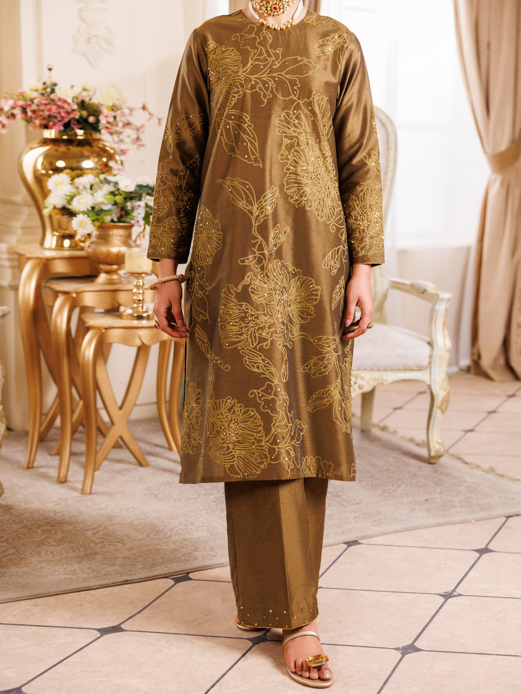 Mehndi Green Raw Silk Formal 2Pc Stitched - AL-LS-LKS-539