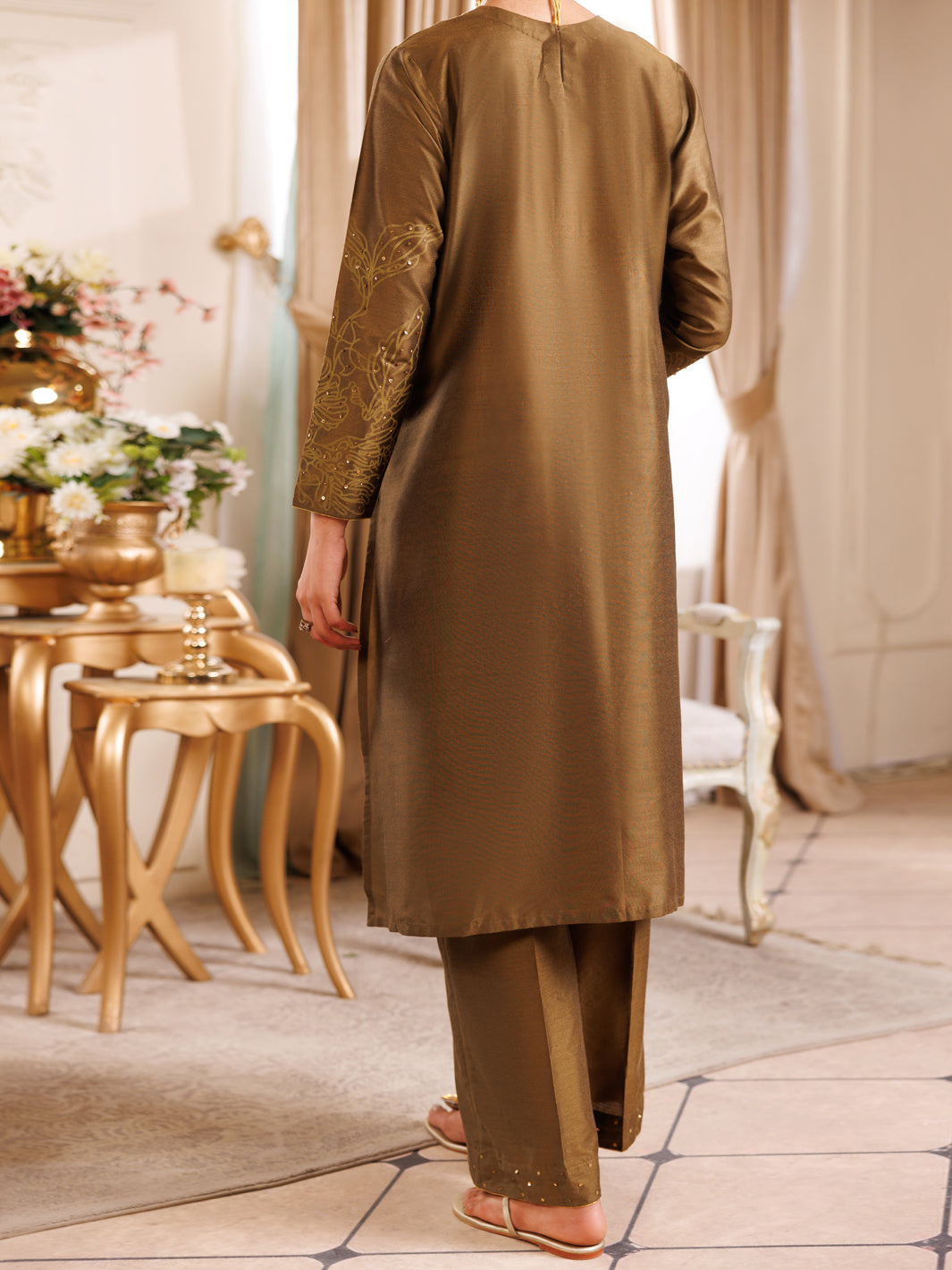 Mehndi Green Raw Silk Formal 2Pc Stitched - AL-LS-LKS-539