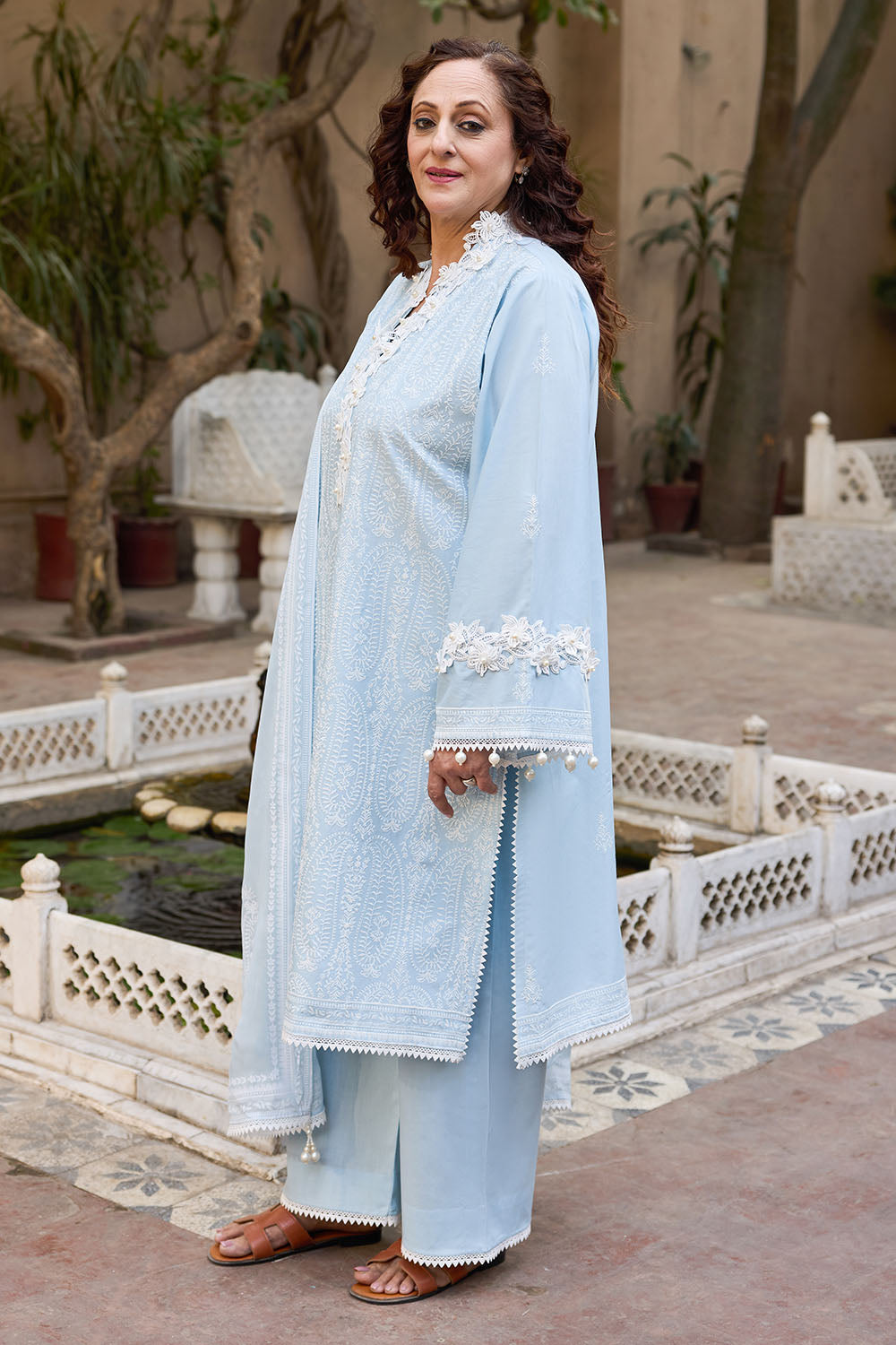 3 Piece Embroidered Lawn Suit With Lacquer Printed Chiffon Dupatta