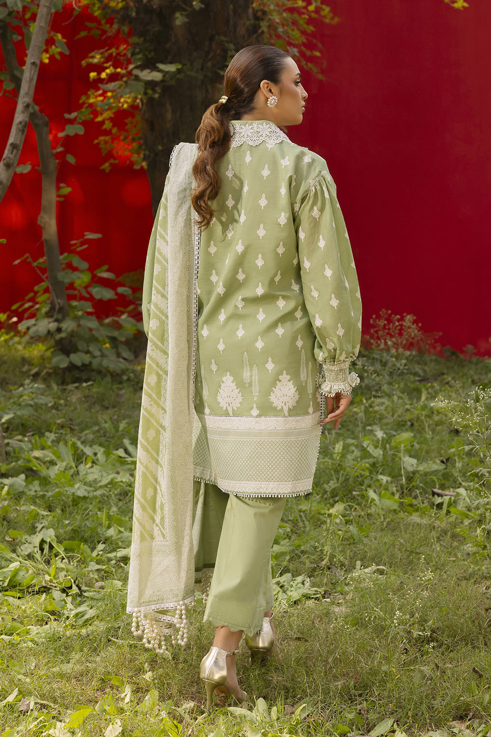 3 Piece Lacquer Printed Lawn Suit with Lace and Dupatta