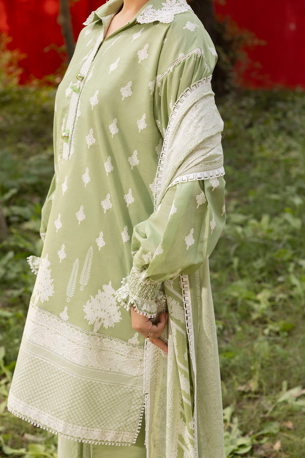 3 Piece Lacquer Printed Lawn Suit with Lace and Dupatta