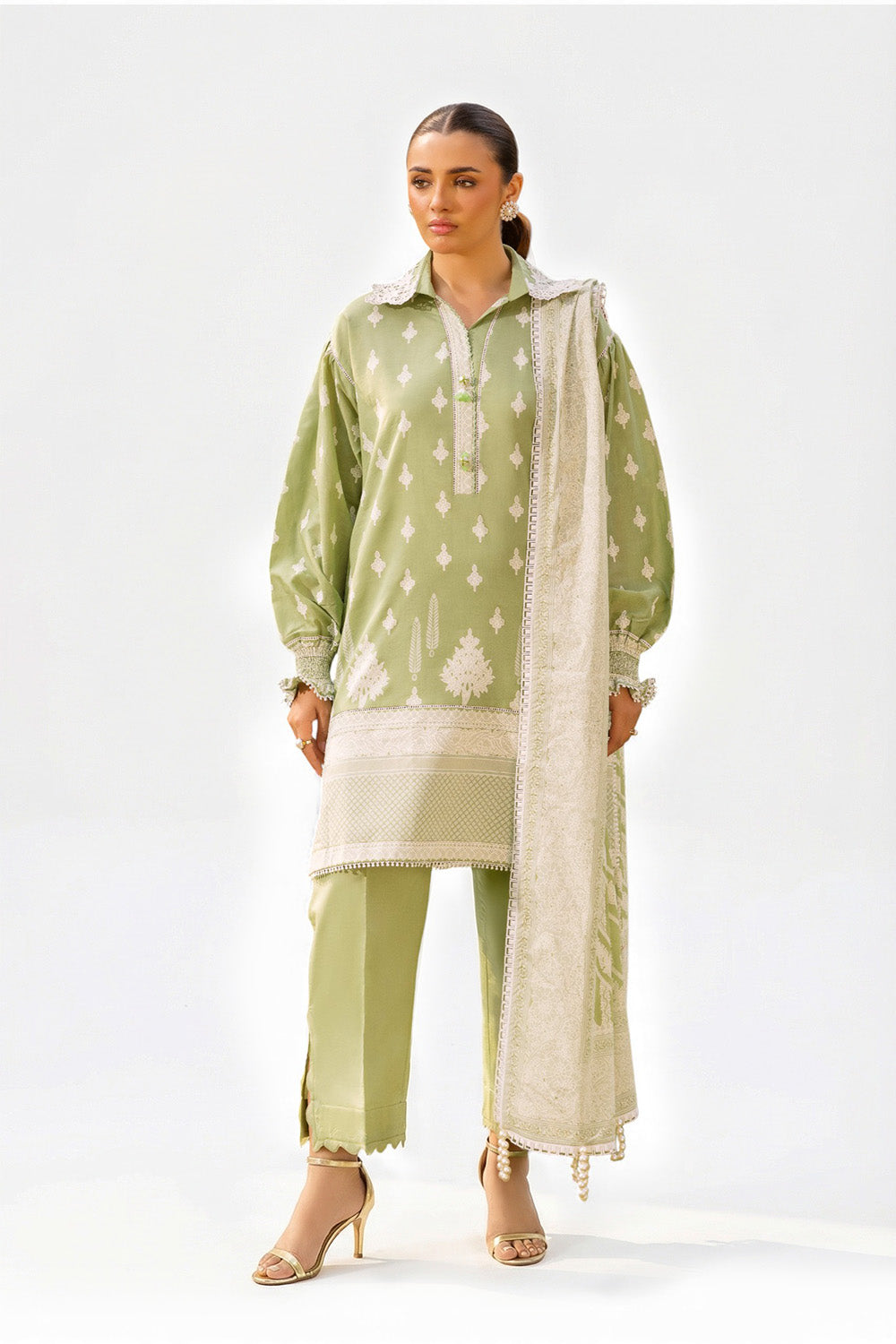3 Piece Lacquer Printed Lawn Suit with Lace and Dupatta