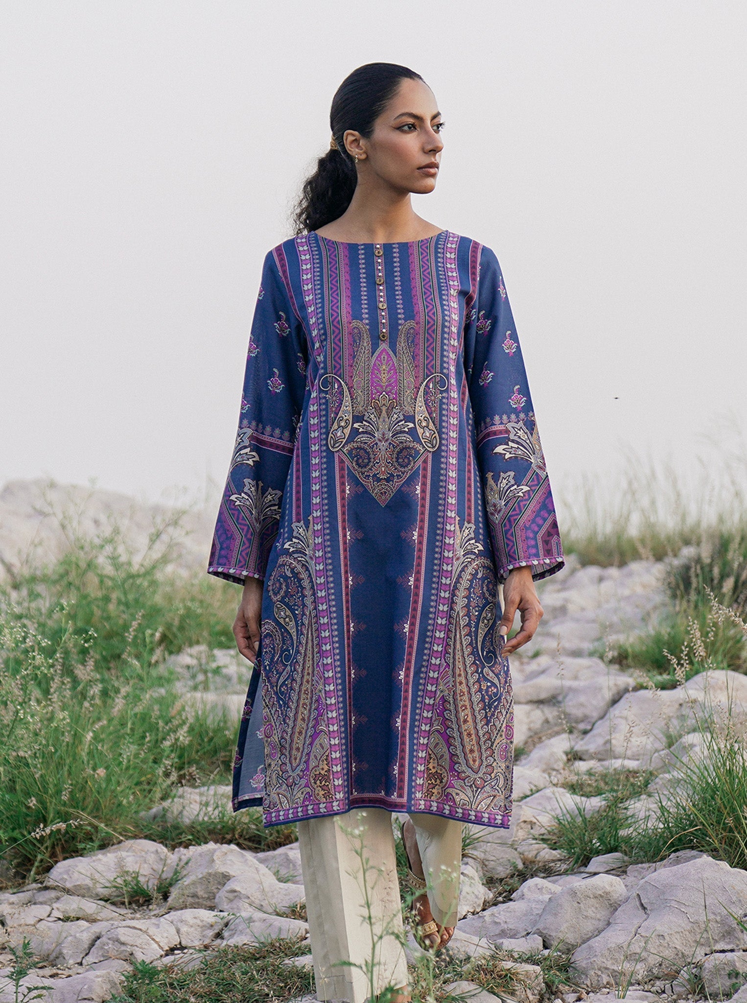 1 PIECE - PRINTED KHADDAR SHIRT - SILVER SLATE