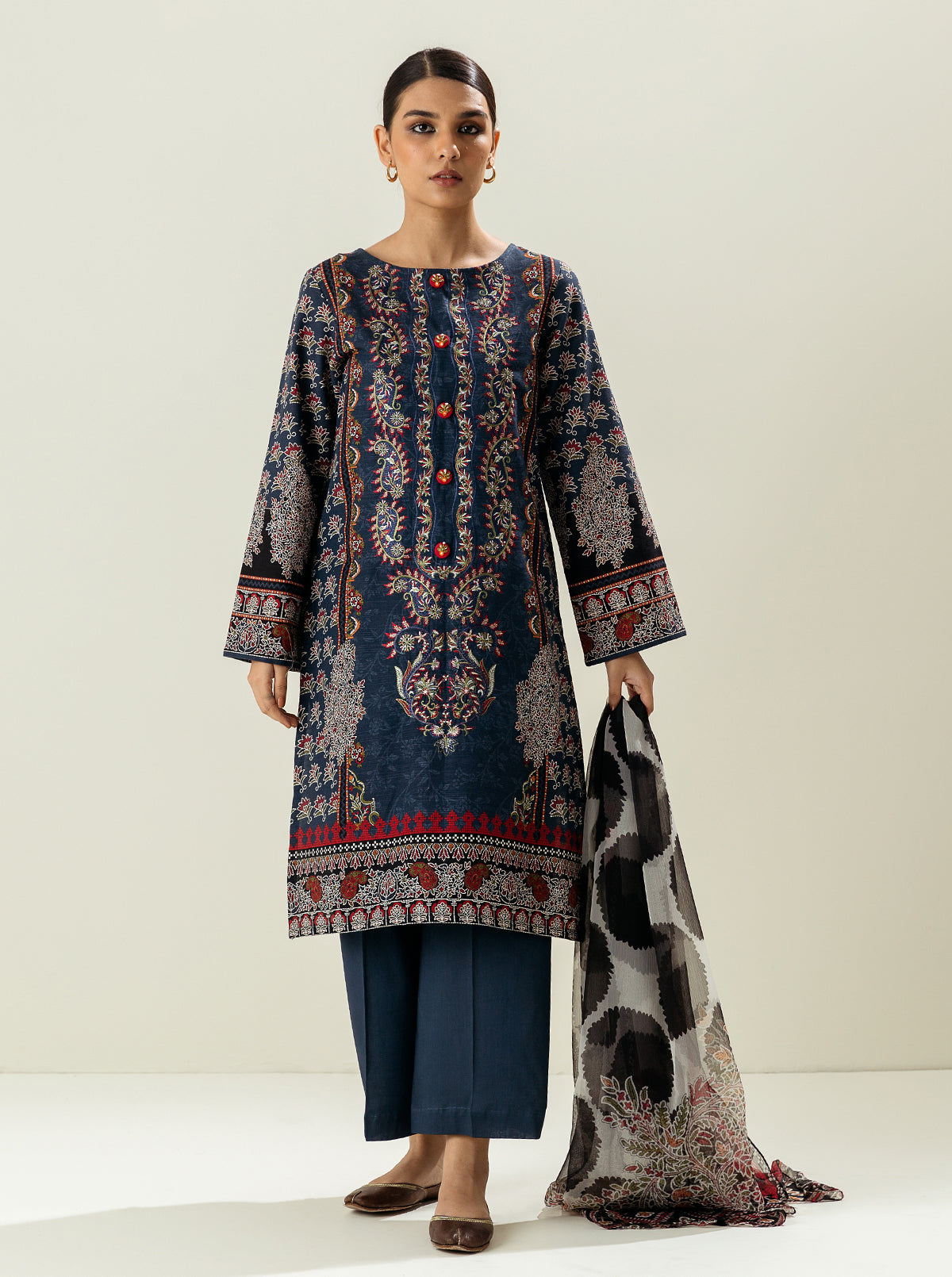3 Piece - Embroidered Khaddar Suit - Boho Blue