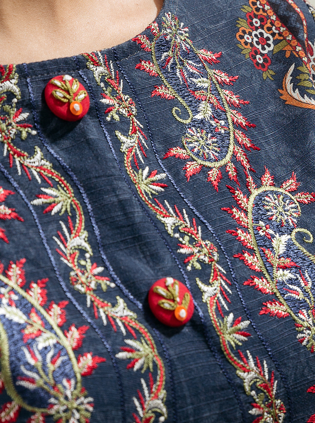 3 Piece - Embroidered Khaddar Suit - Boho Blue