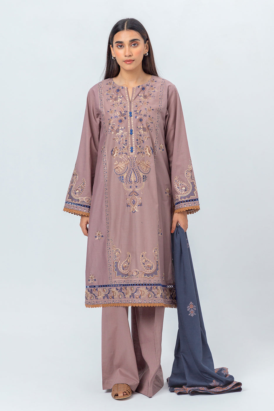 3 Piece - Embroidered Cambric Suit With Woven Shawl - Grace Gloria (Unstitched)