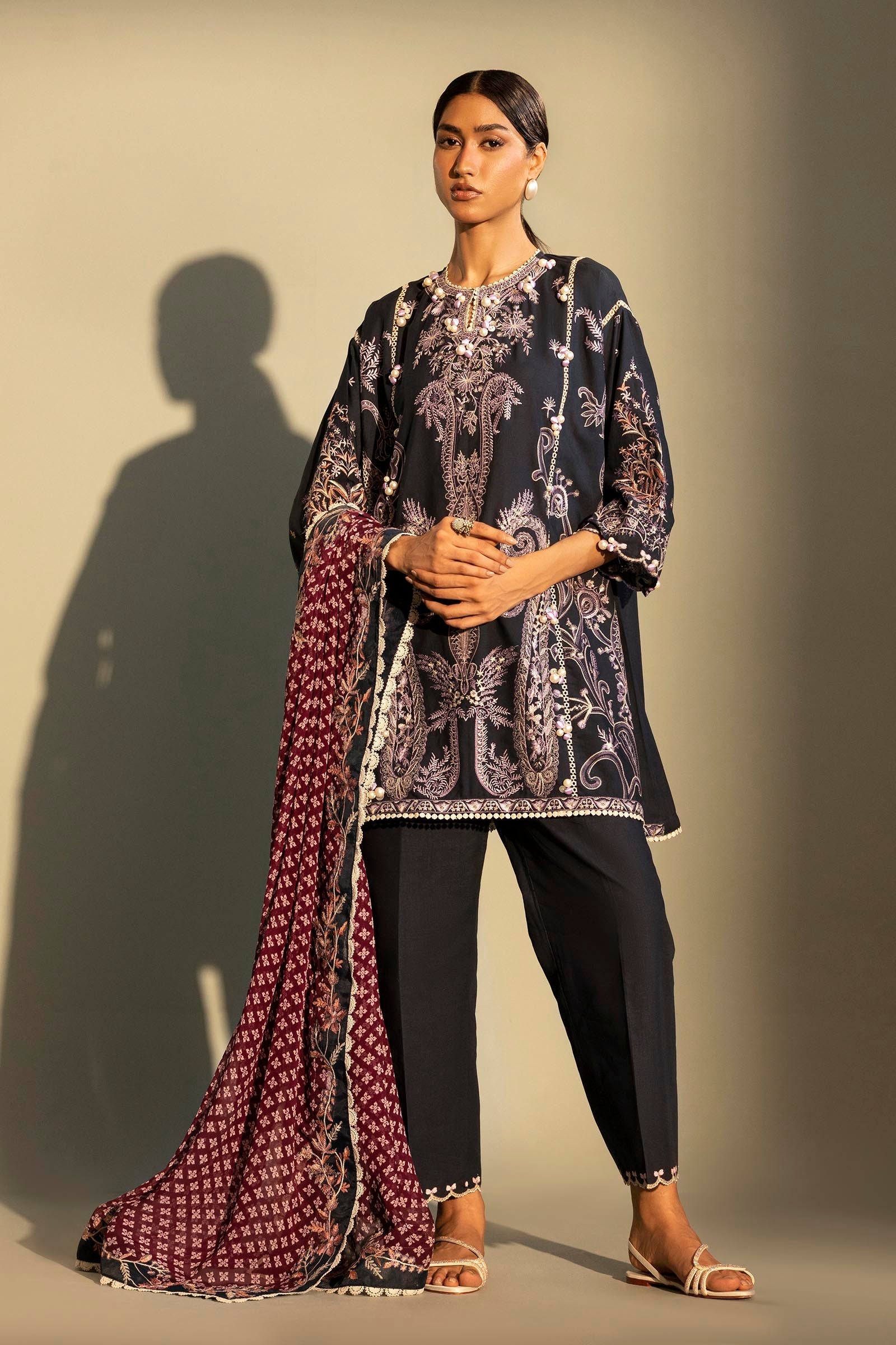 Unstitched Embroidered 3 Piece Muzlin Suit