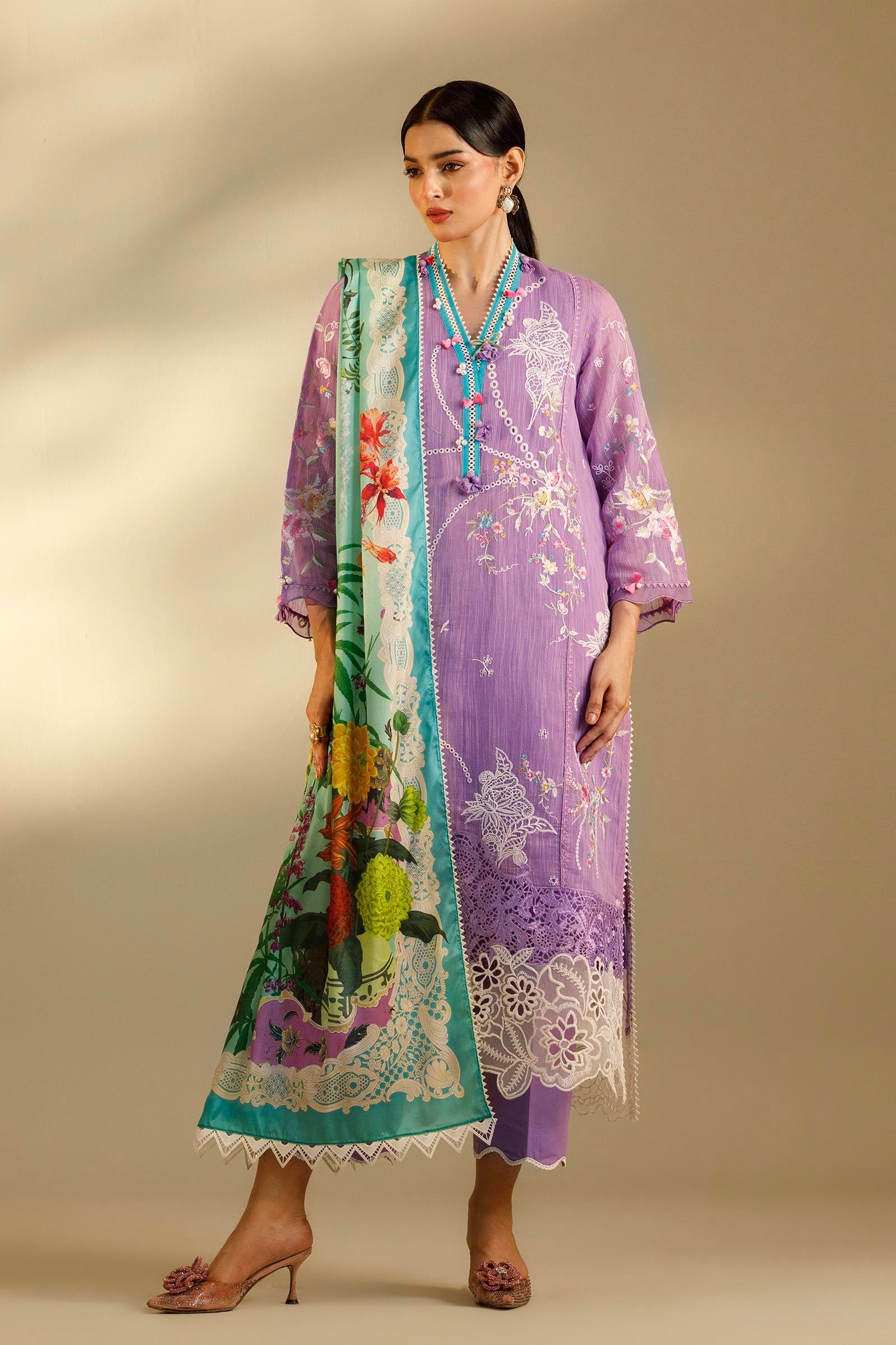 Unstitched Embroidered 3 Piece Muzlin Suit