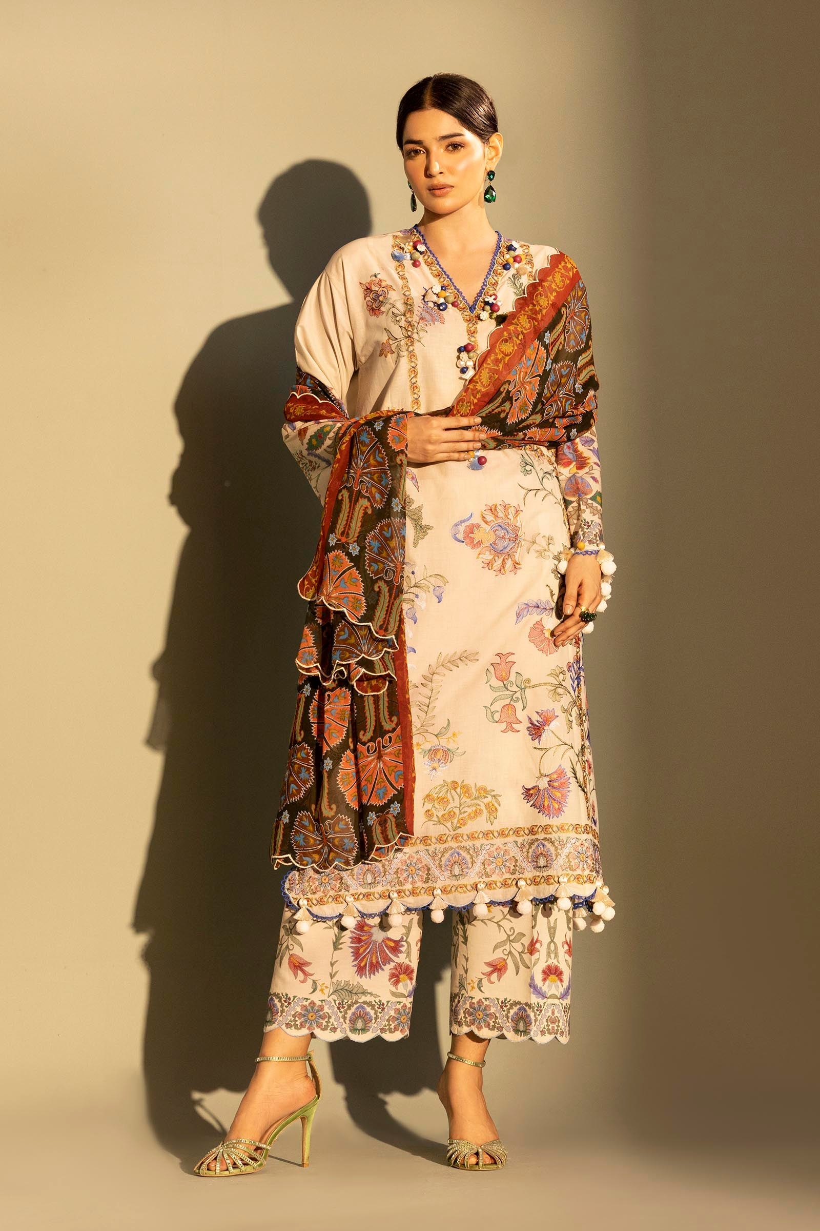 Unstitched Embroidered 3 Piece Muzlin Suit