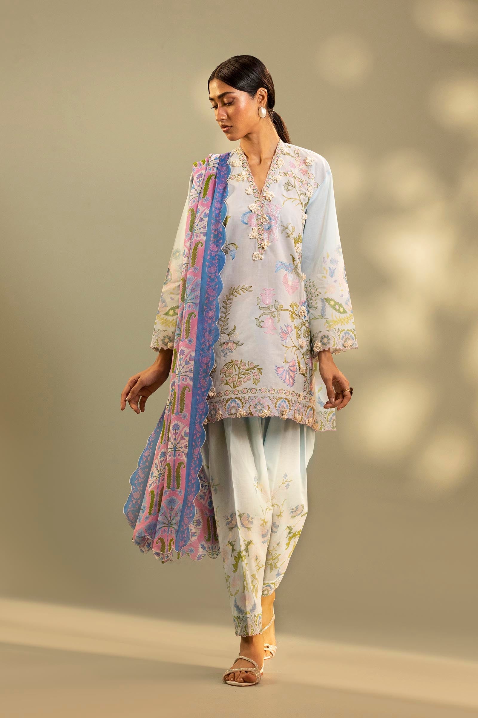 Unstitched Embroidered 3 Piece Muzlin Suit