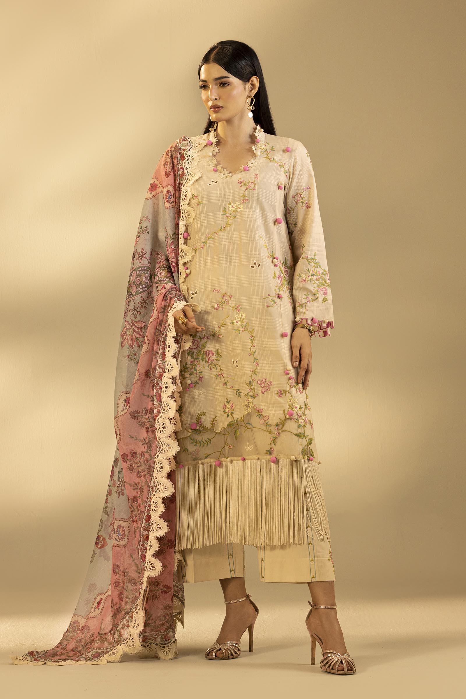 Unstitched Embroidered 3 Piece Muzlin Suit