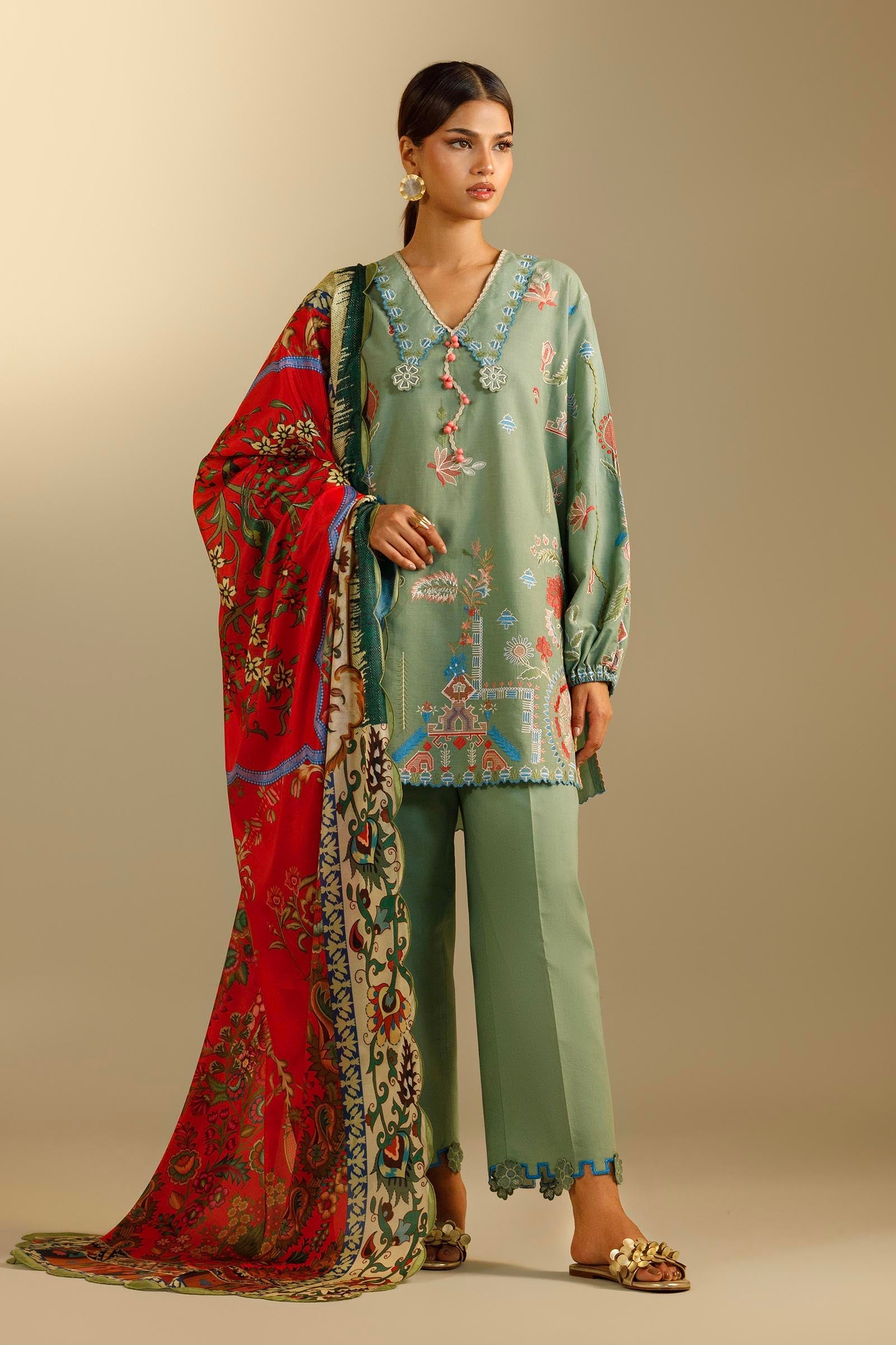 Unstitched Embroidered 3 Piece Muzlin Suit
