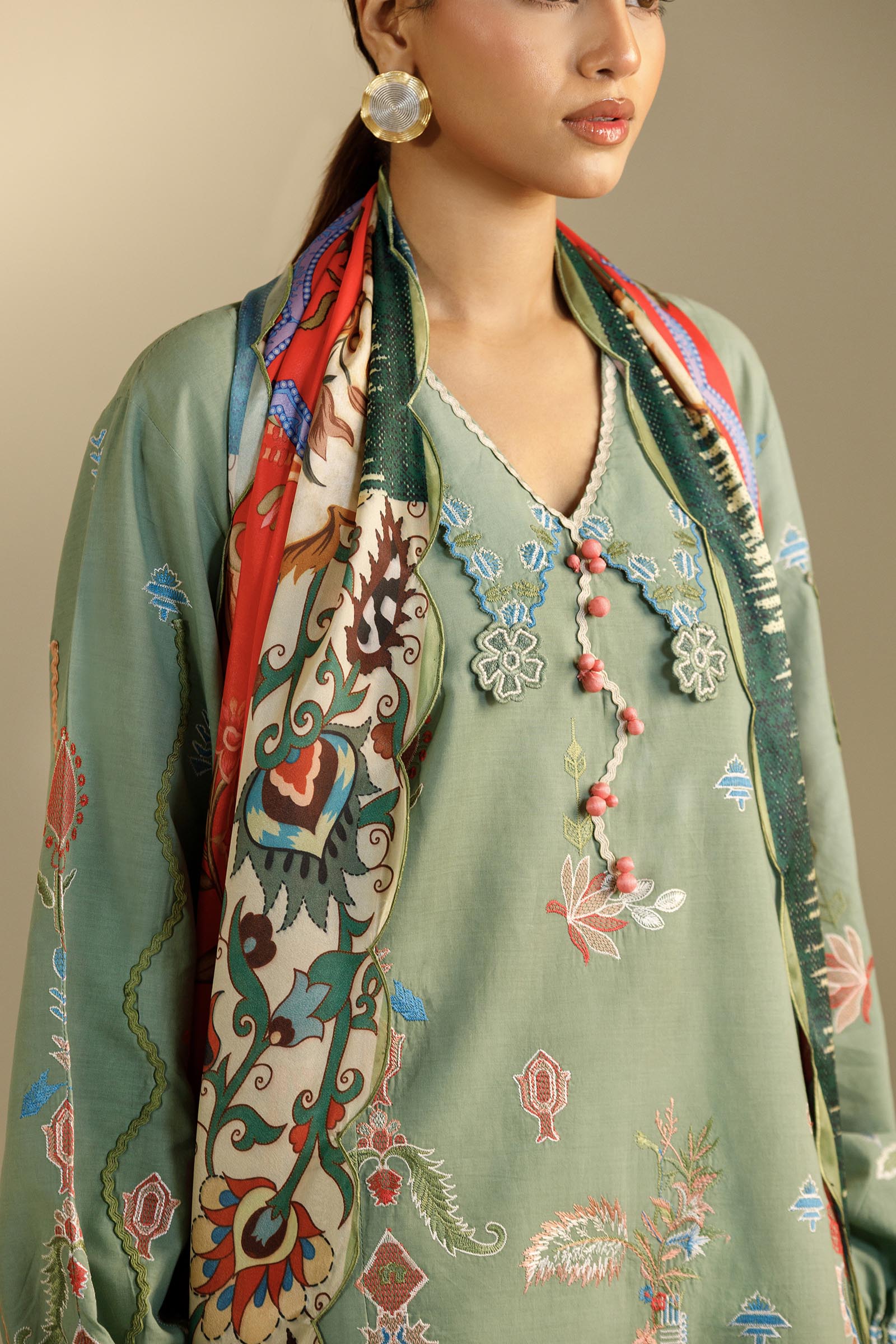 Unstitched Embroidered 3 Piece Muzlin Suit