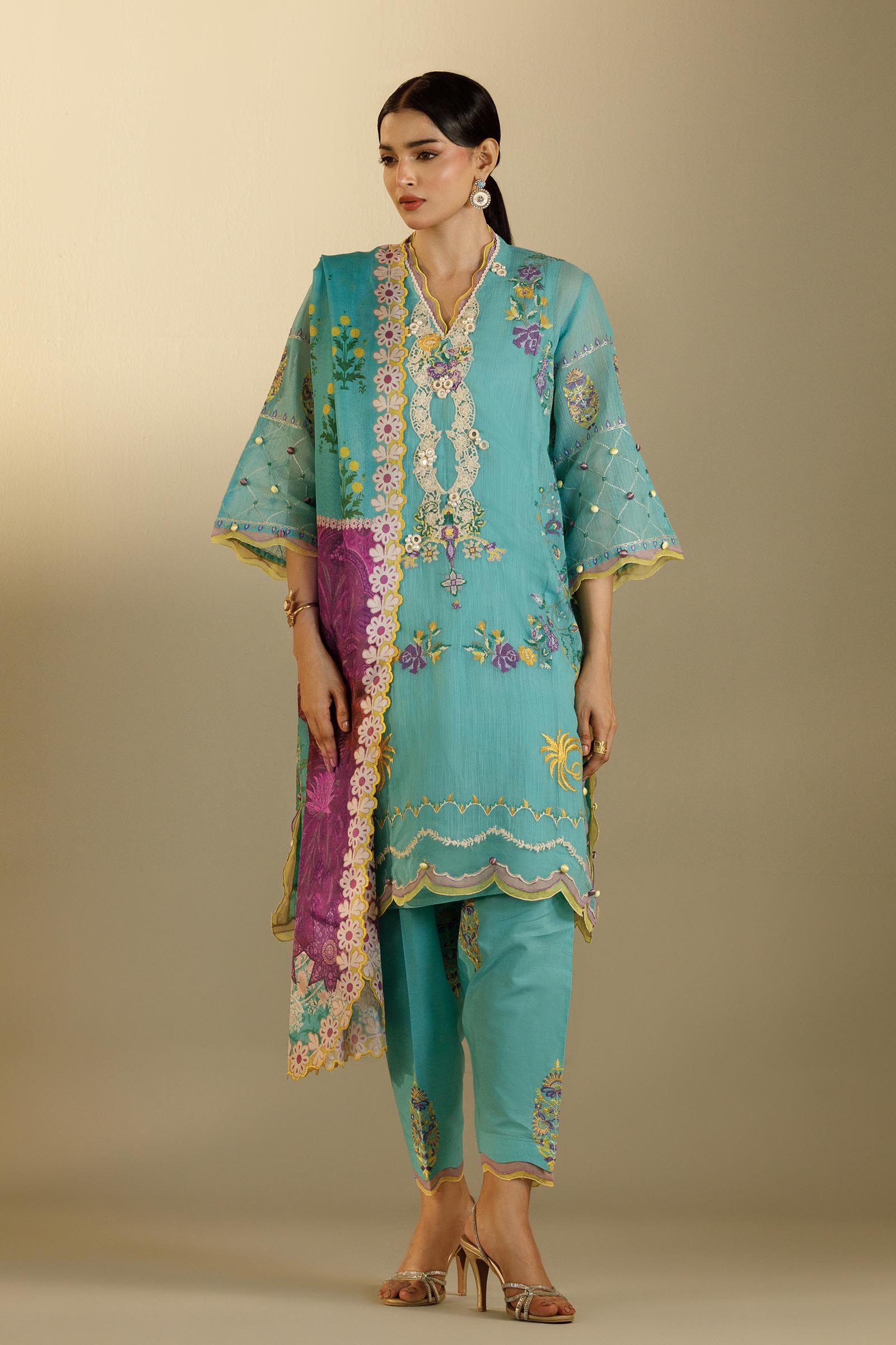 Unstitched Embroidered 3 Piece Muzlin Suit