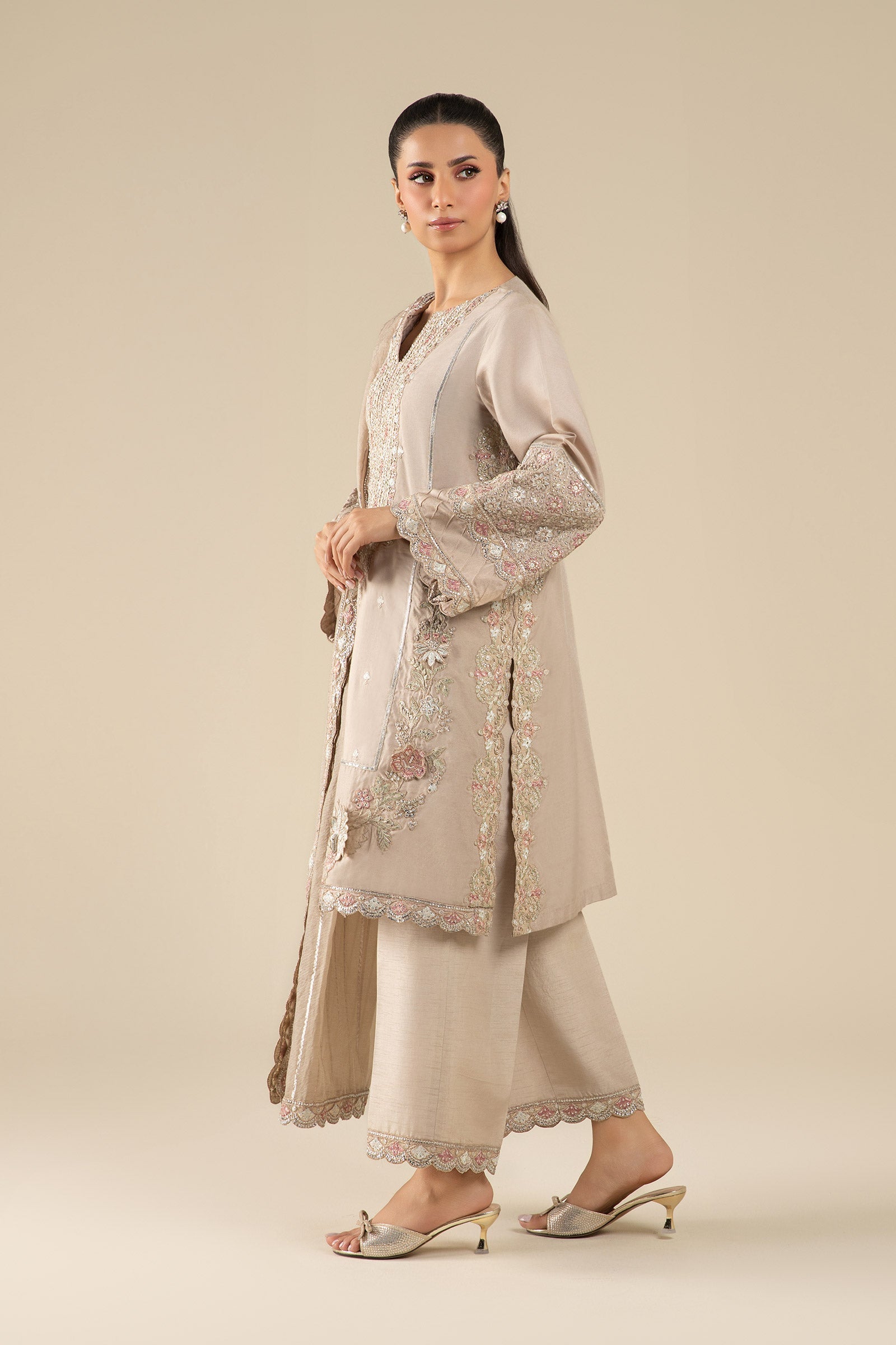 3 Pc Embroidered Two Tone Silk Suit