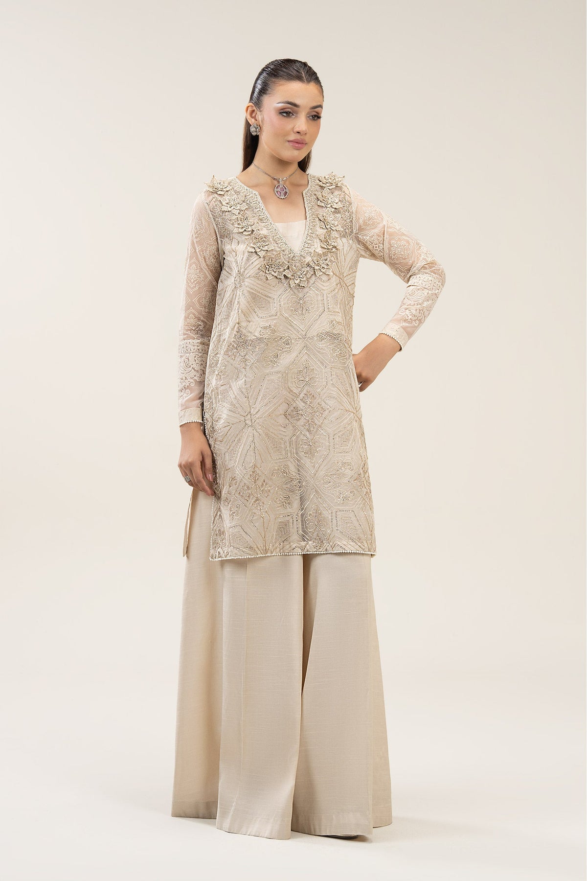 2 Pc Embroidered Organza Suit - MBFS040-ESM-BEG