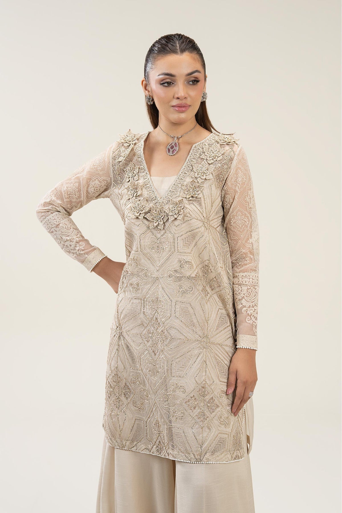 2 Pc Embroidered Organza Suit - MBFS040-ESM-BEG