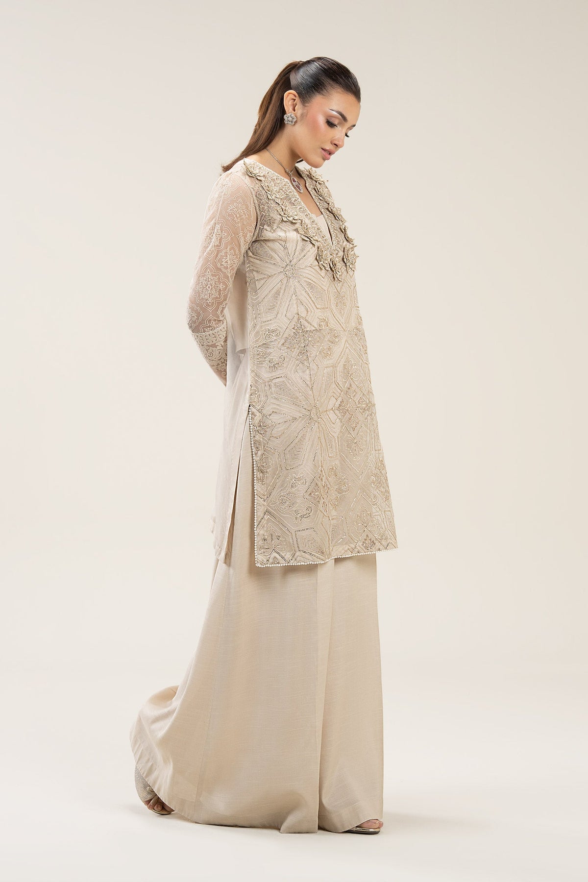 2 Pc Embroidered Organza Suit - MBFS040-ESM-BEG