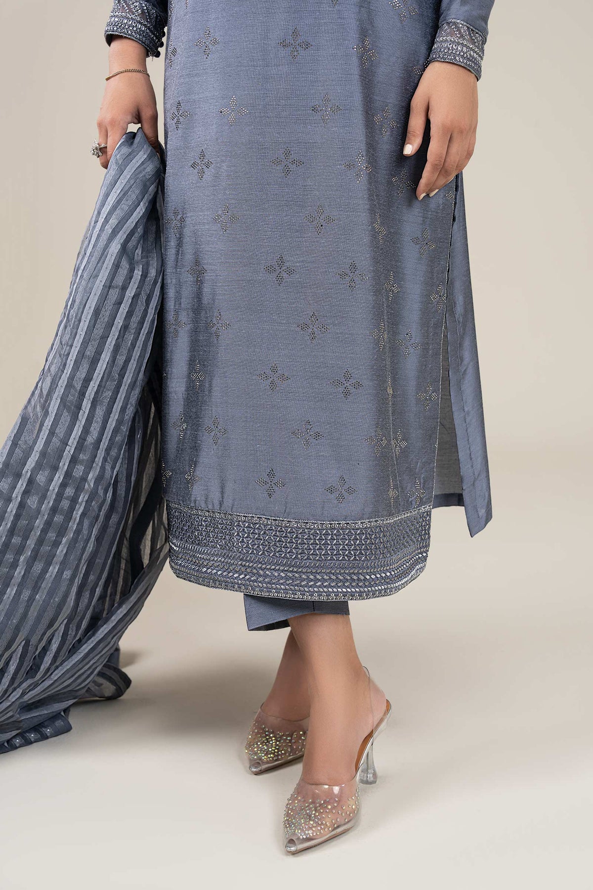 3 Pc Embroidered Two Tone Silk Suit - MBFS052-ESM-GBL