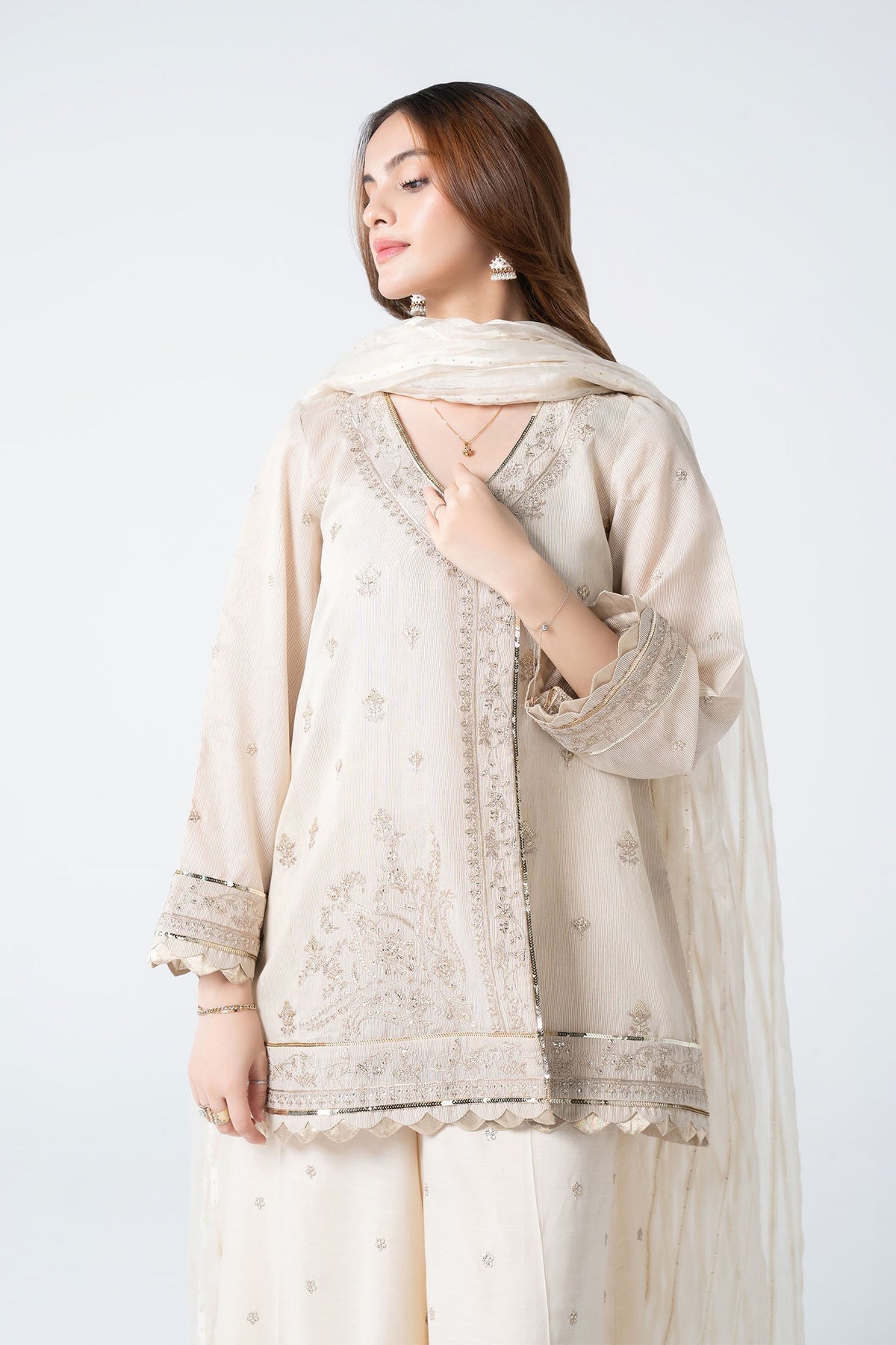 3 Pc Embroidered Lurex Organza Suit