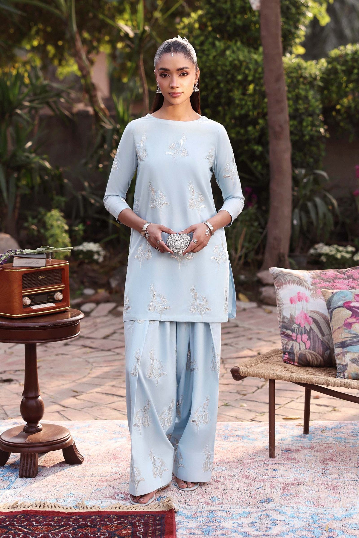 2 Pc Embroidered Yarn Dyed Cotton Silk Suit - MBF2612-ESM-IBU