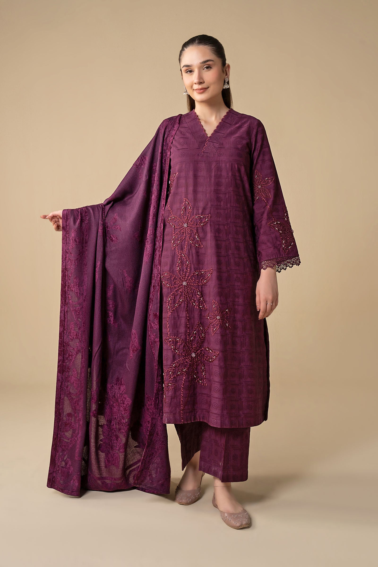 3 Pc Embroidered Khaddar Jacquard Suit