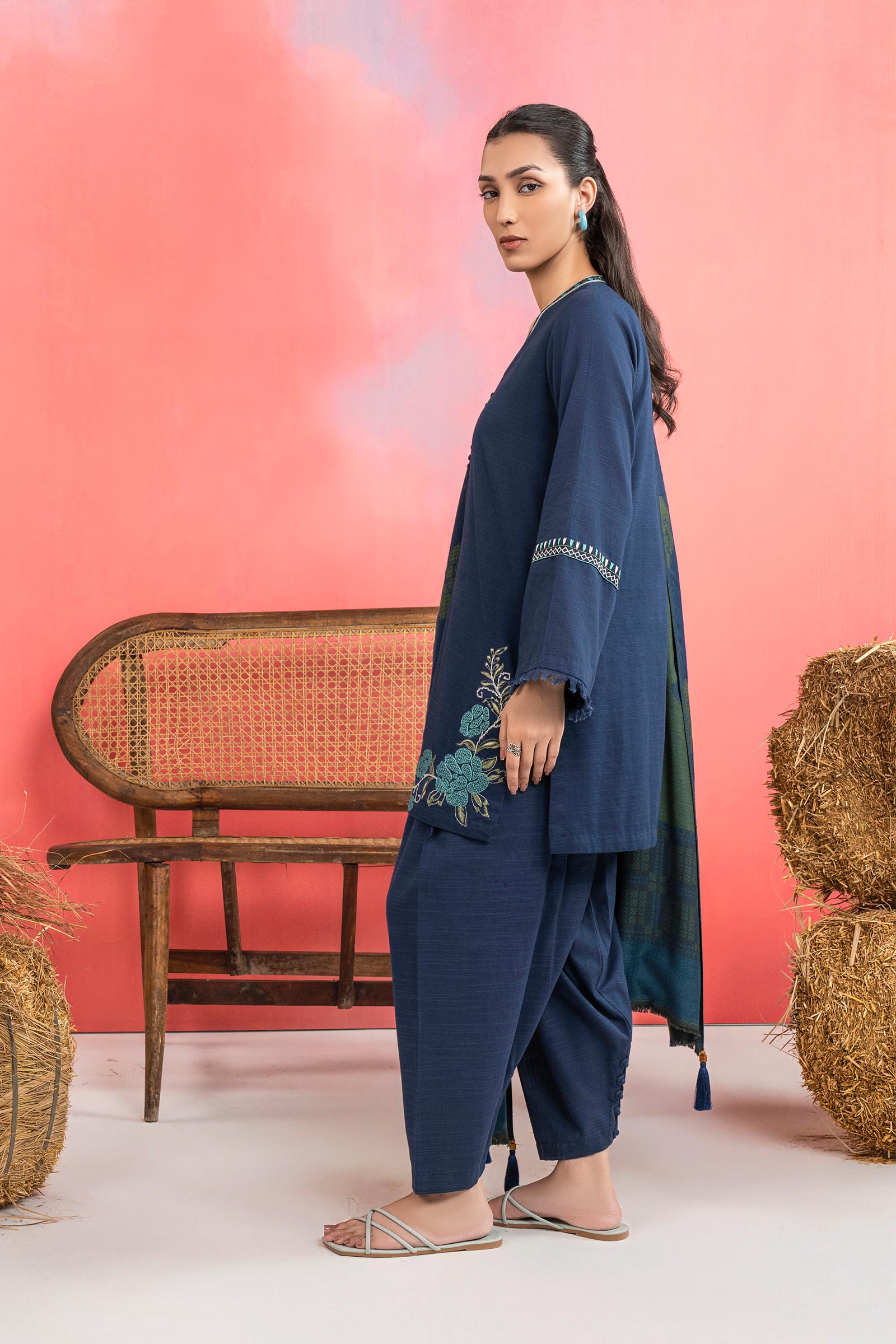 3 Pc Embroidered Slub Khaddar Suit