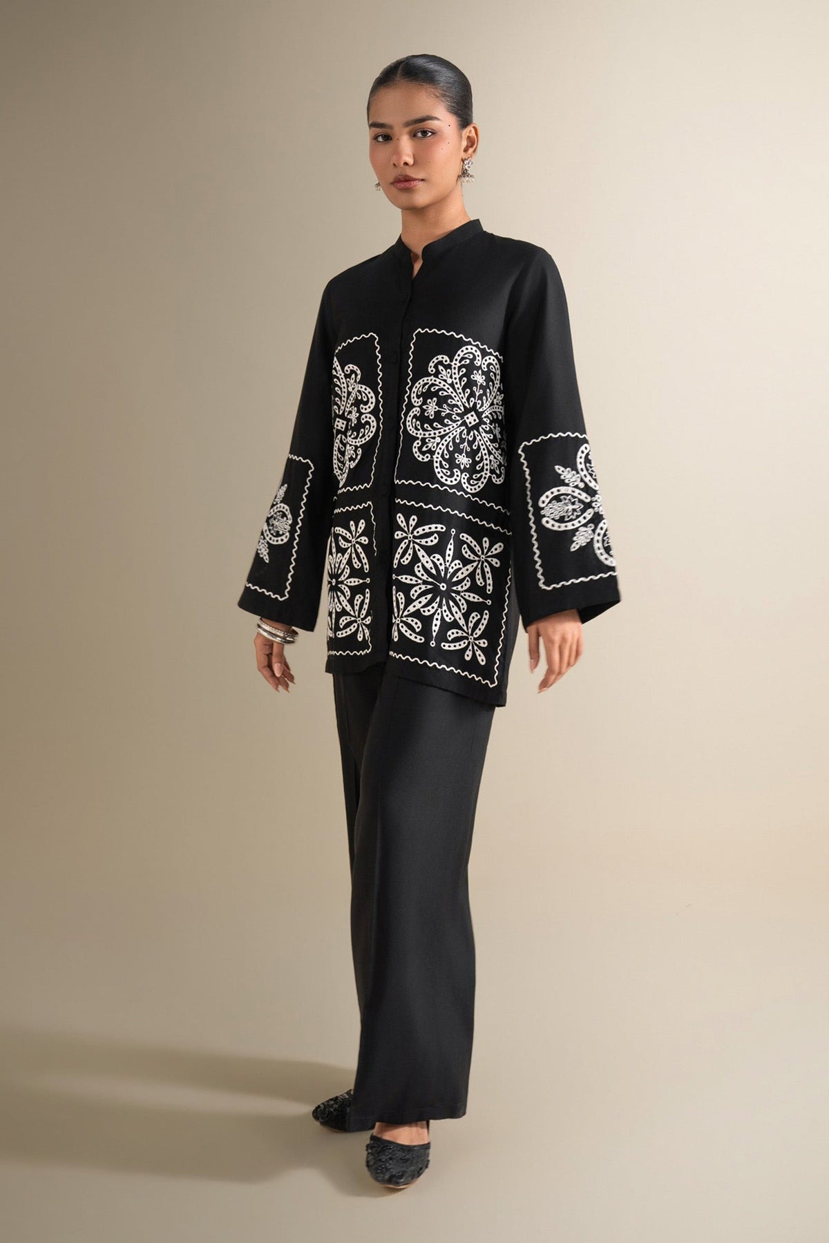 2 Pc Embroidered Linen Suit - MBD1145-ESM-BLK