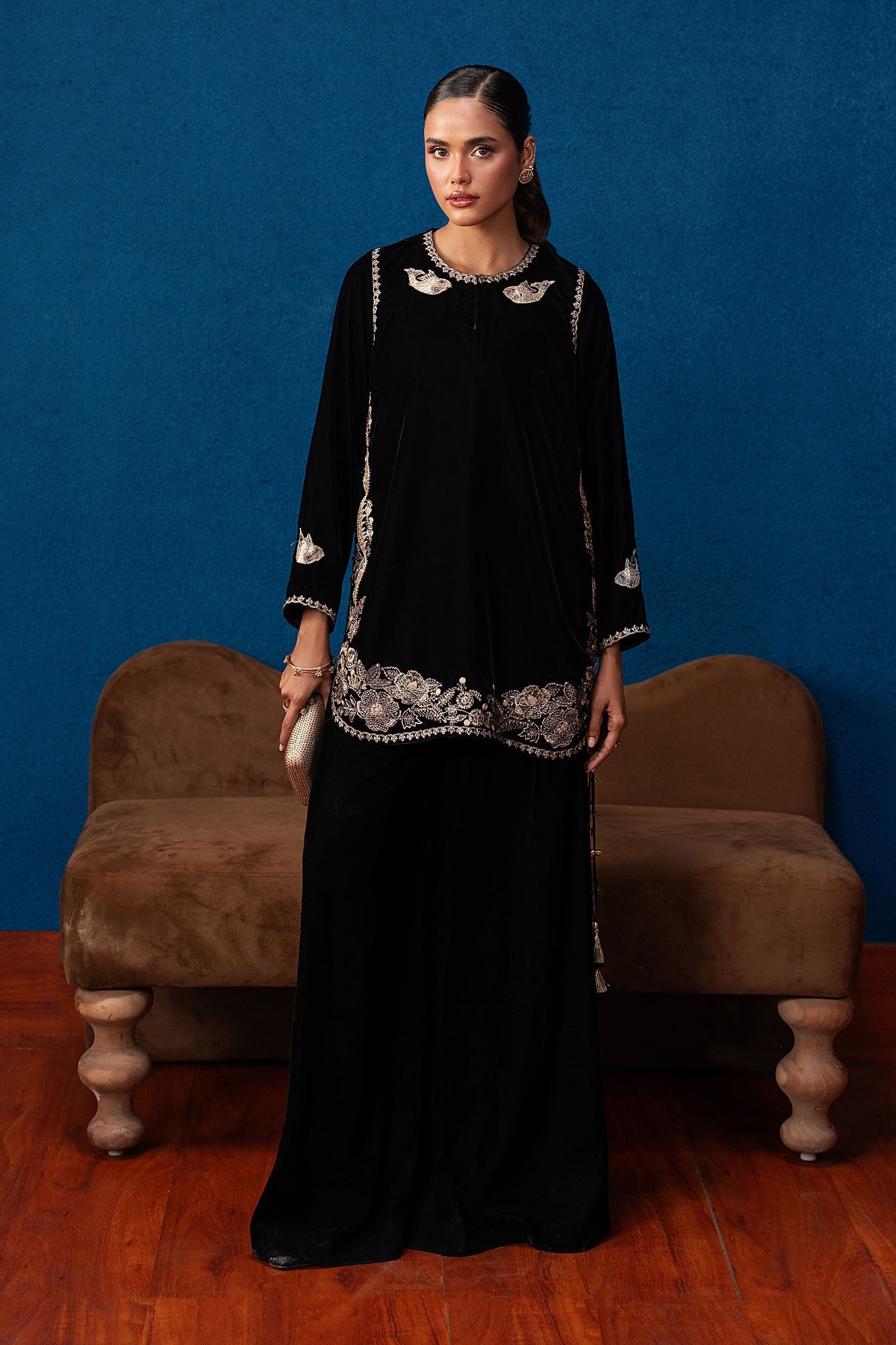 2 Pc Embroidered Velvet Suit