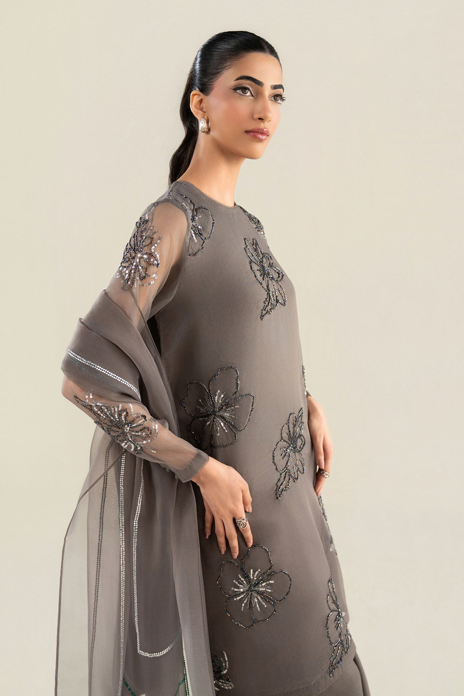 3 Pc Embellished Raw Silk Suit
