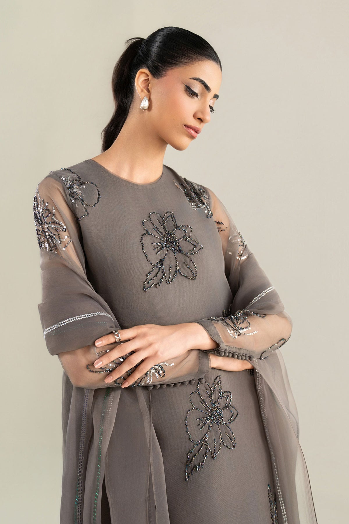 3 Pc Embellished Raw Silk Suit - MBW2514-ESM-MGY